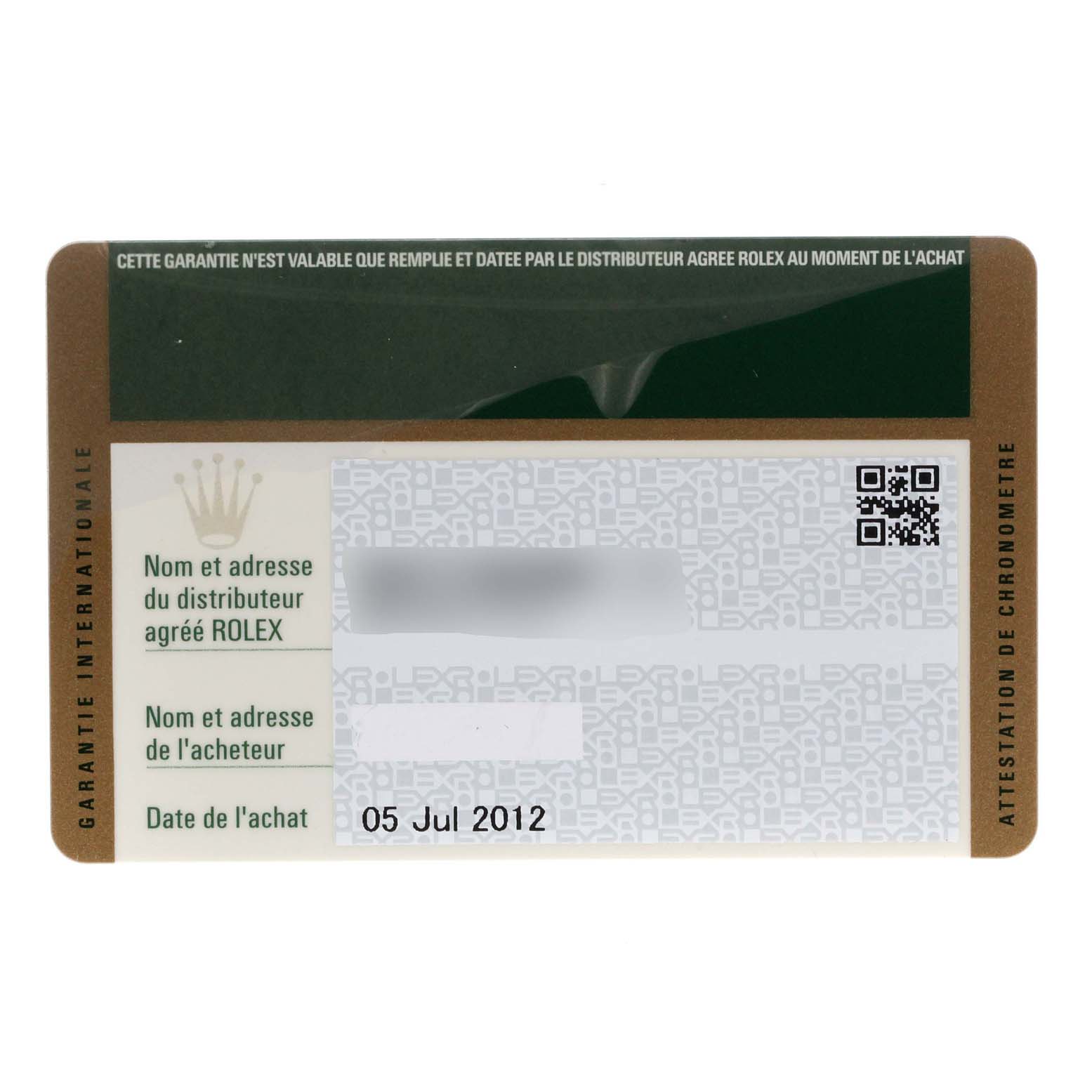 This image shows a warranty card for a Rolex Datejust 179173 Women
s Steel and Gold (two tone) White Dial 179173 Women
s Steel and Gold (two tone) White Dial watch, including purchase information and retailer details.