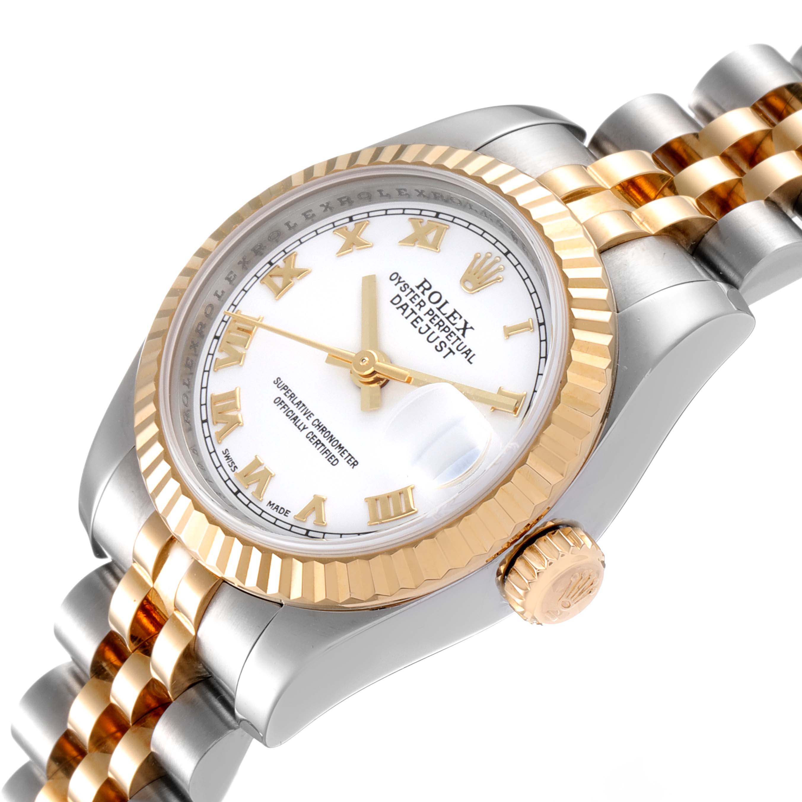 The image shows a Rolex Datejust 179173 Women
s Steel and Gold (two tone) White Dial 179173 Women
s Steel and Gold (two tone) White Dial watch at an angled close-up, highlighting the dial, fluted bezel, crown, and part of the bracelet.