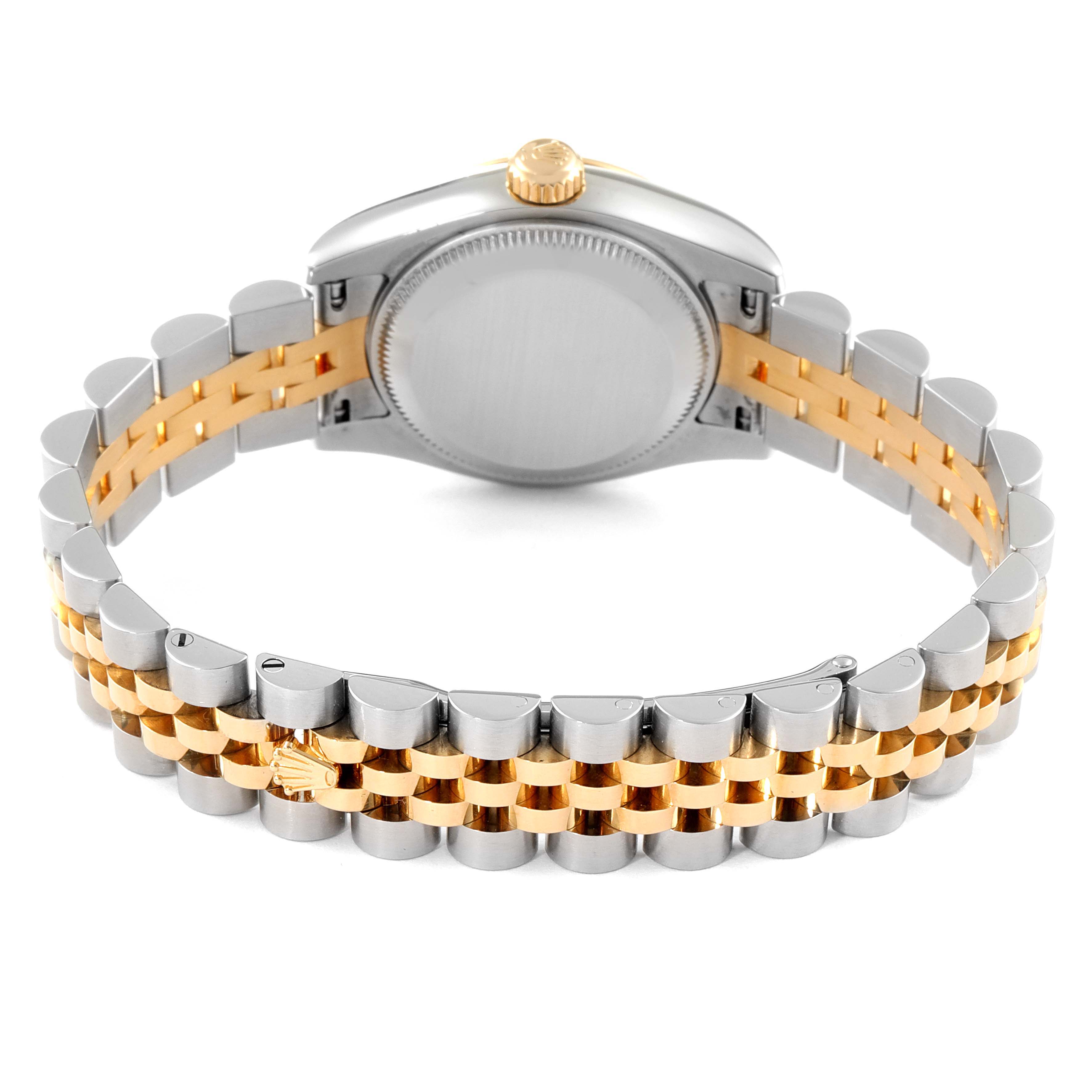 The image shows the back of a Rolex Datejust 179173 Women
s Steel and Gold (two tone) White Dial 179173 Women
s Steel and Gold (two tone) White Dial watch, focused on the case and Jubilee bracelet.