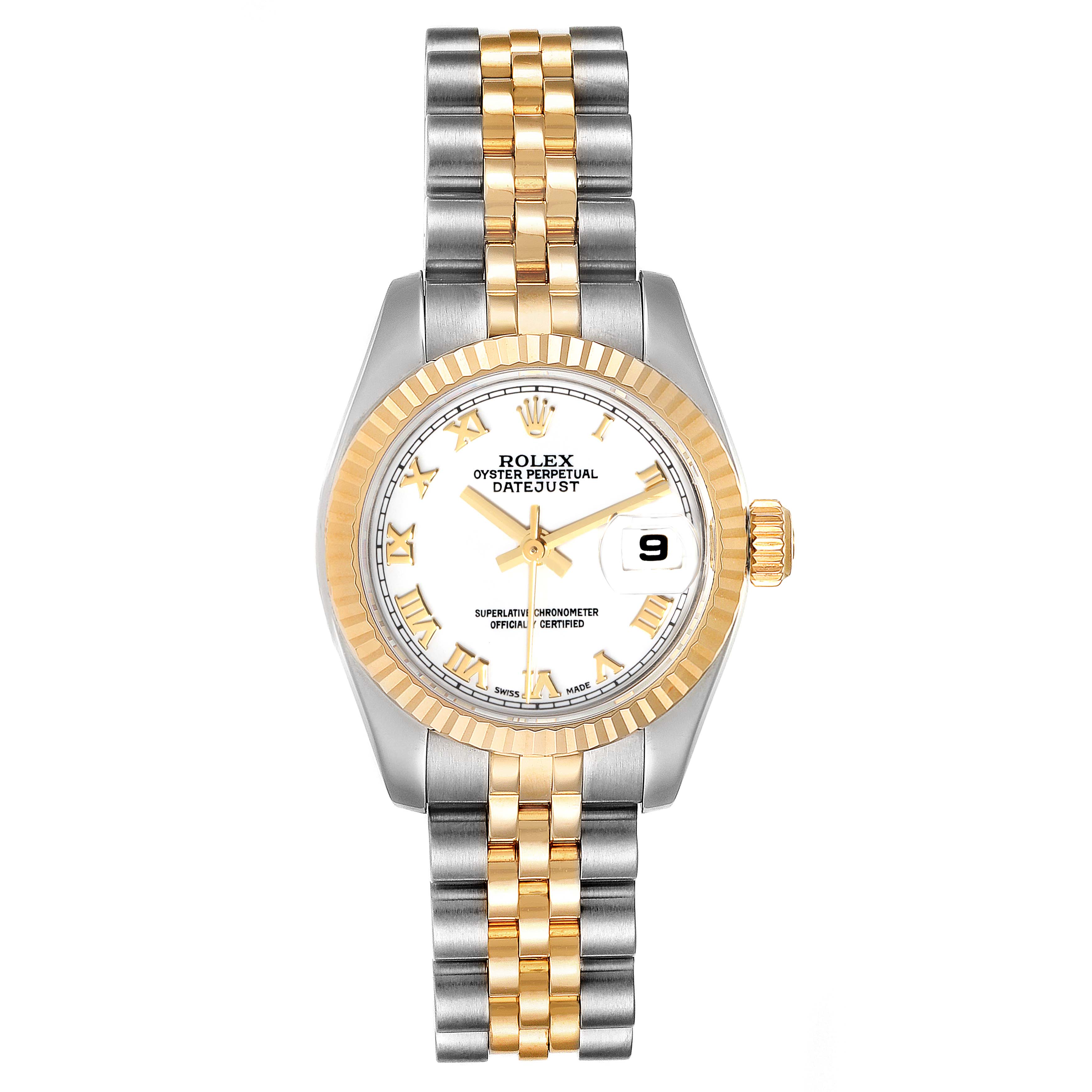 The Rolex Datejust 179173 Women
s Steel and Gold (two tone) White Dial 179173 Women
s Steel and Gold (two tone) White Dial watch is shown from the front, displaying its dial, bezel, crown, and two-tone bracelet.