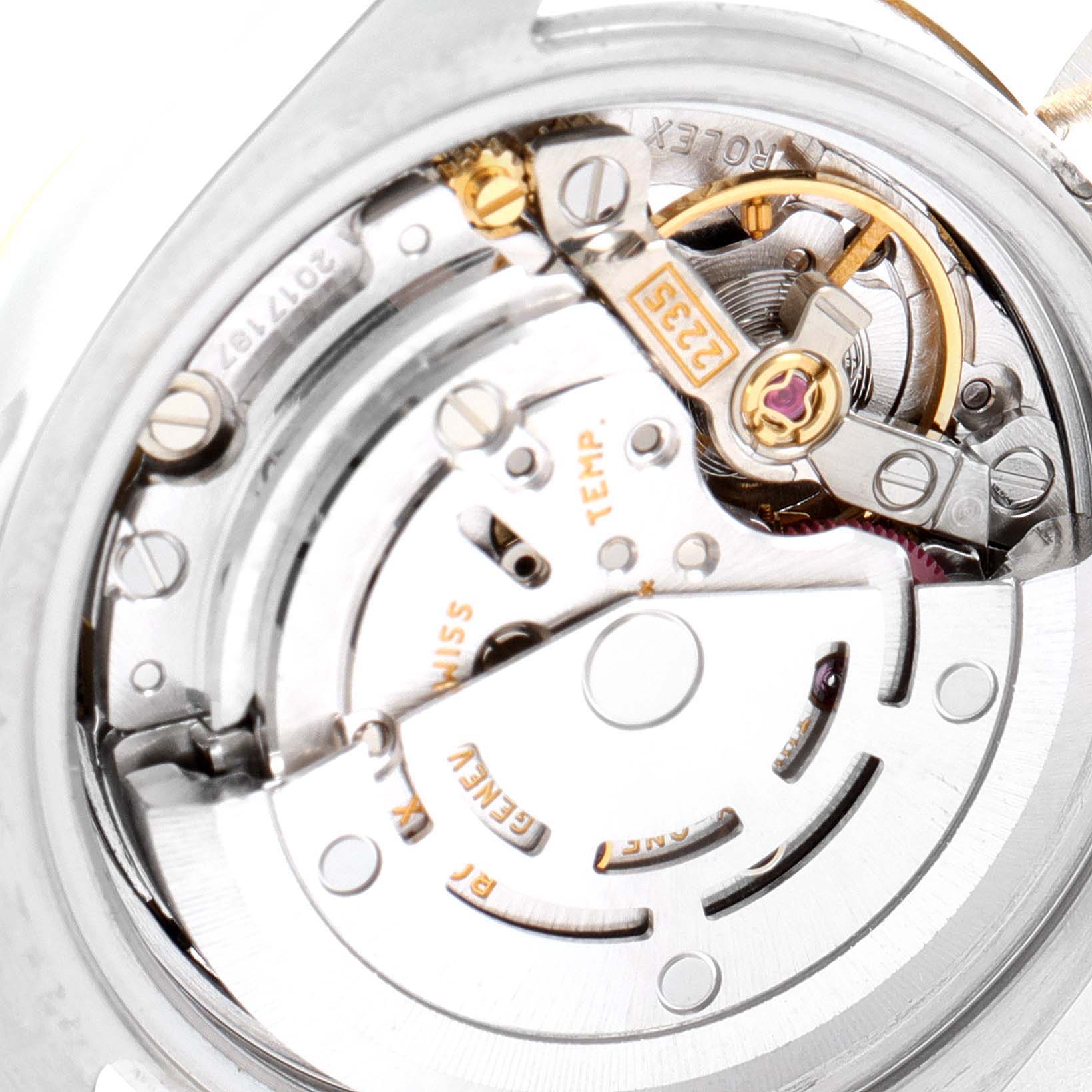This image shows the movement and internal mechanism from the back of a Rolex Datejust 179173 Women
s Steel and Gold (two tone) White Dial 179173 Women
s Steel and Gold (two tone) White Dial watch.