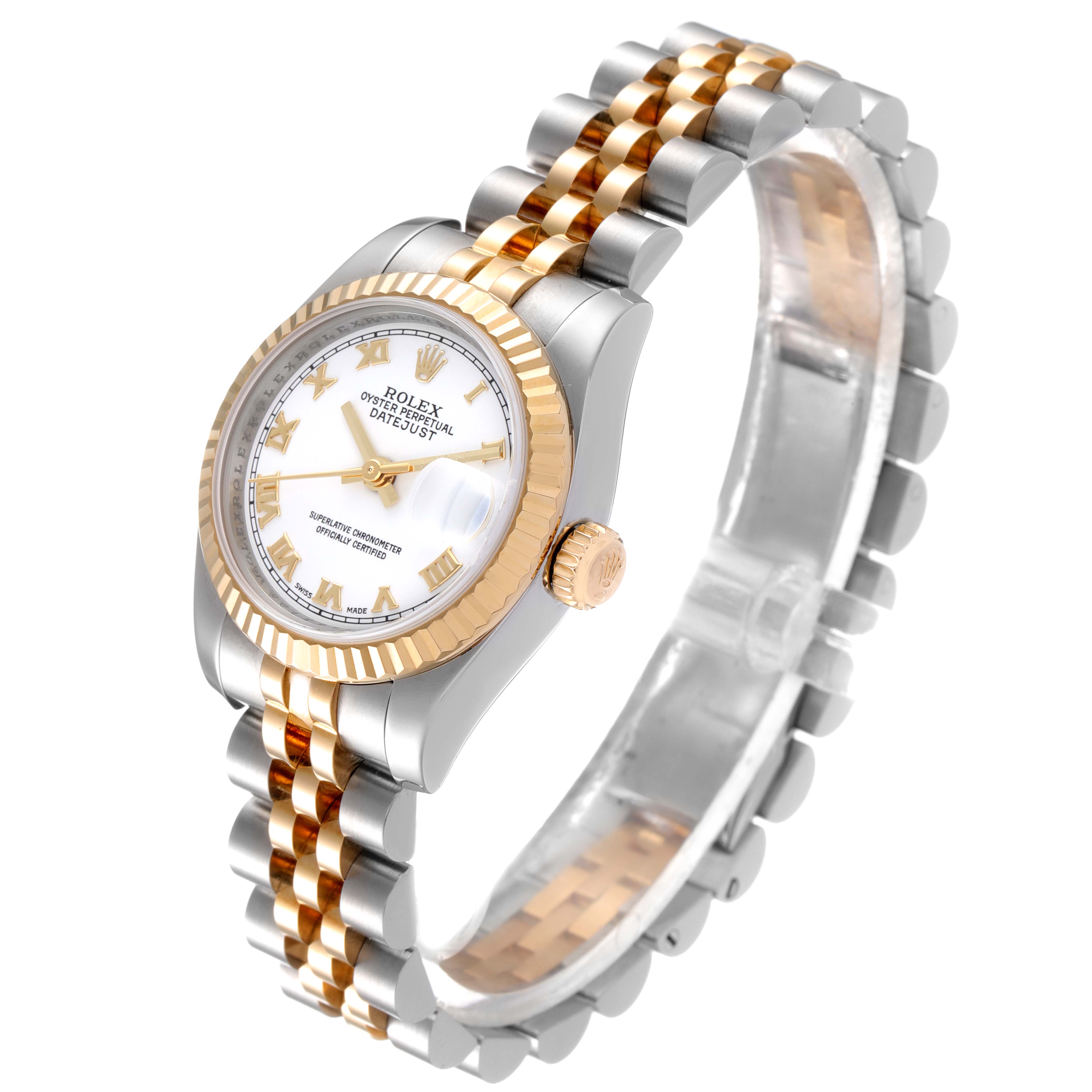 The Rolex Datejust 179173 Women
s Steel and Gold (two tone) White Dial 179173 Women
s Steel and Gold (two tone) White Dial watch is shown at an angle displaying its face, bezel, crown, and two-tone bracelet.