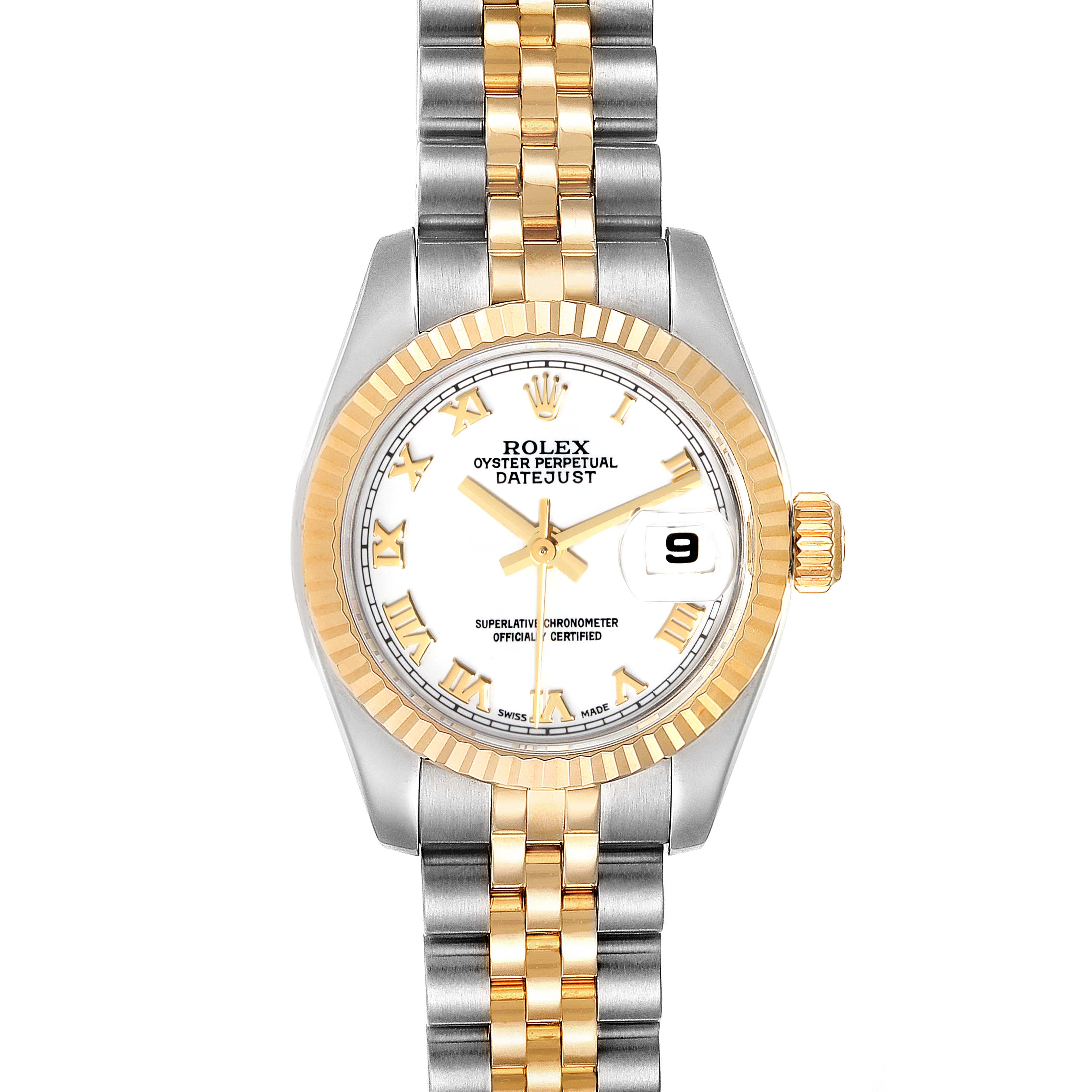 The image shows a Rolex Datejust 179173 Women
s Steel and Gold (two tone) White Dial 179173 Women
s Steel and Gold (two tone) White Dial watch from a front angle, featuring a two-tone bracelet and a white dial with a date window.