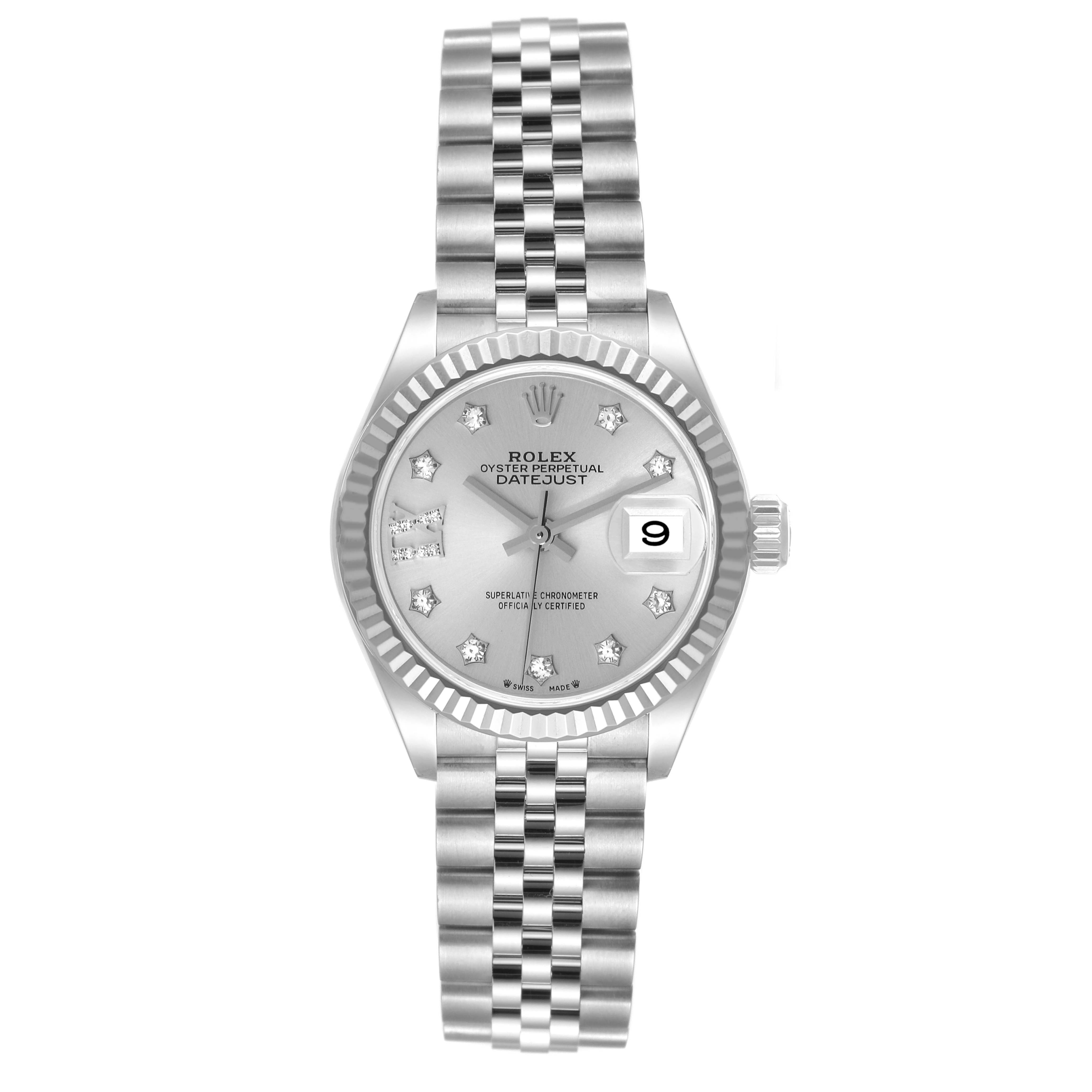 The Rolex Datejust 279174 Women's Stainless Steel Silver Dial 279174 Women's Stainless Steel Silver Dial watch is shown from a top-down angle, displaying its face, bezel, crown, and bracelet.