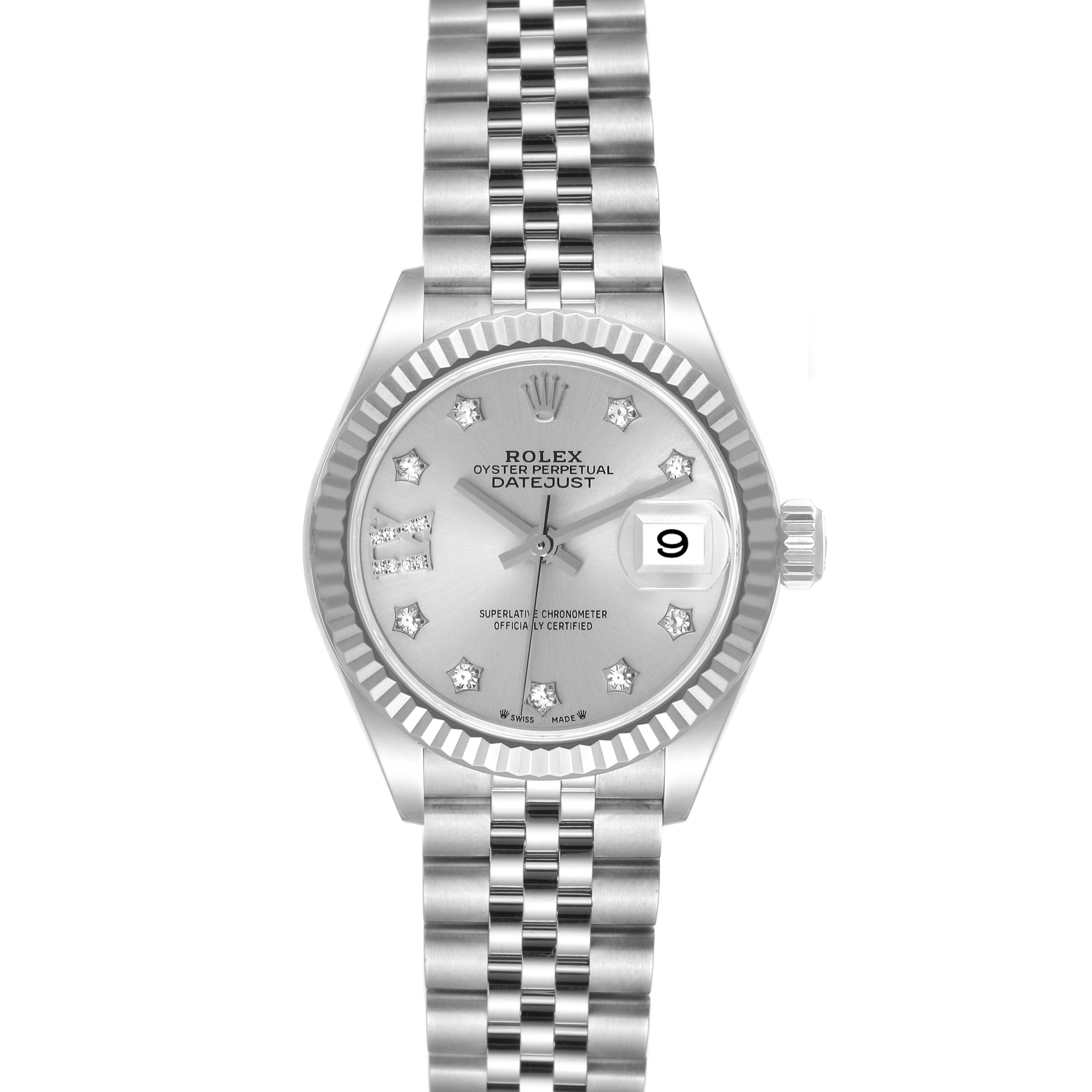 This image shows a front view of a Rolex Datejust 279174 Women's Stainless Steel Silver Dial 279174 Women's Stainless Steel Silver Dial watch, highlighting its face, bezel, and bracelet.