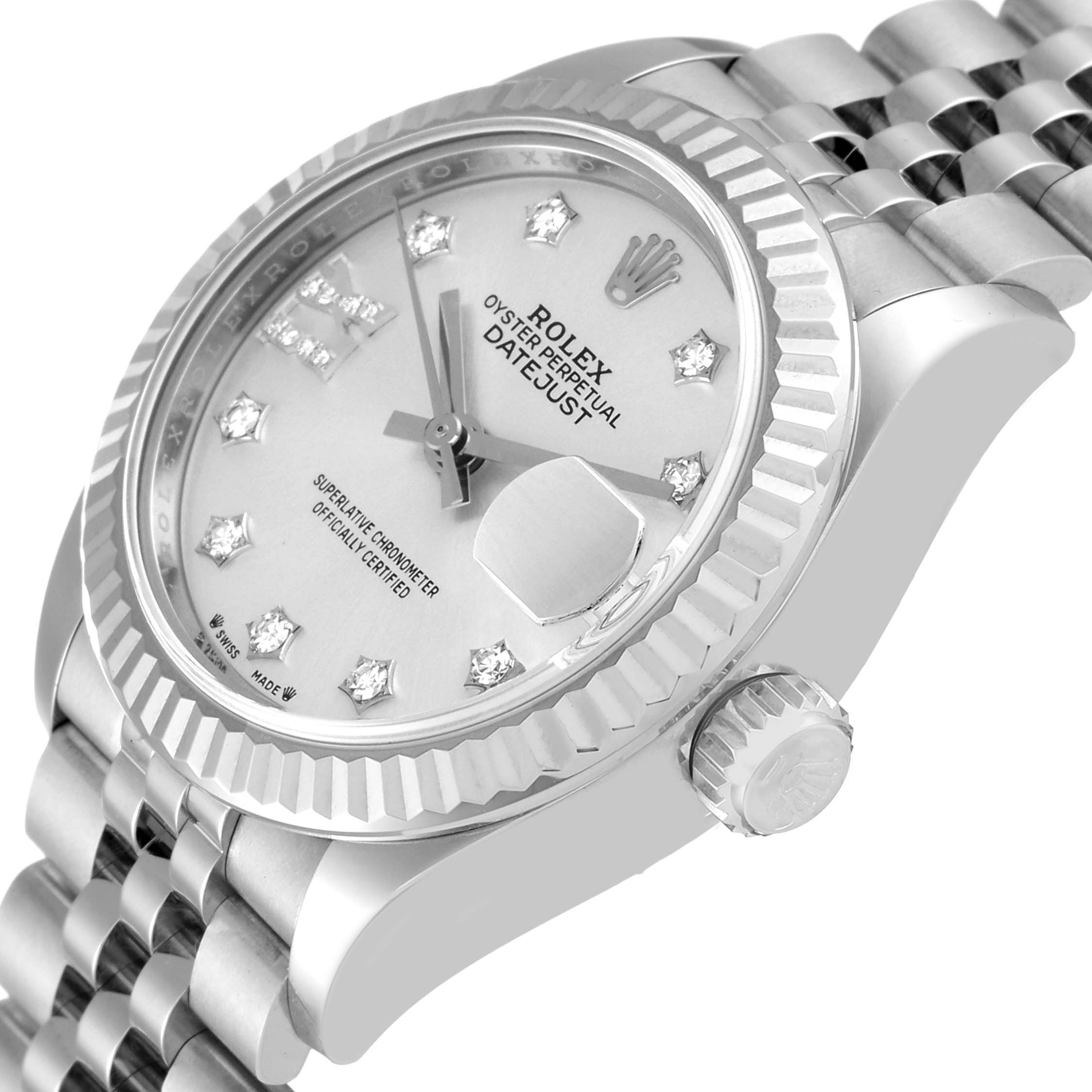 The image shows a close-up of the Rolex Datejust 279174 Women's Stainless Steel Silver Dial 279174 Women's Stainless Steel Silver Dial watch from a side angle, highlighting its face, bezel, crown, and part of the bracelet.