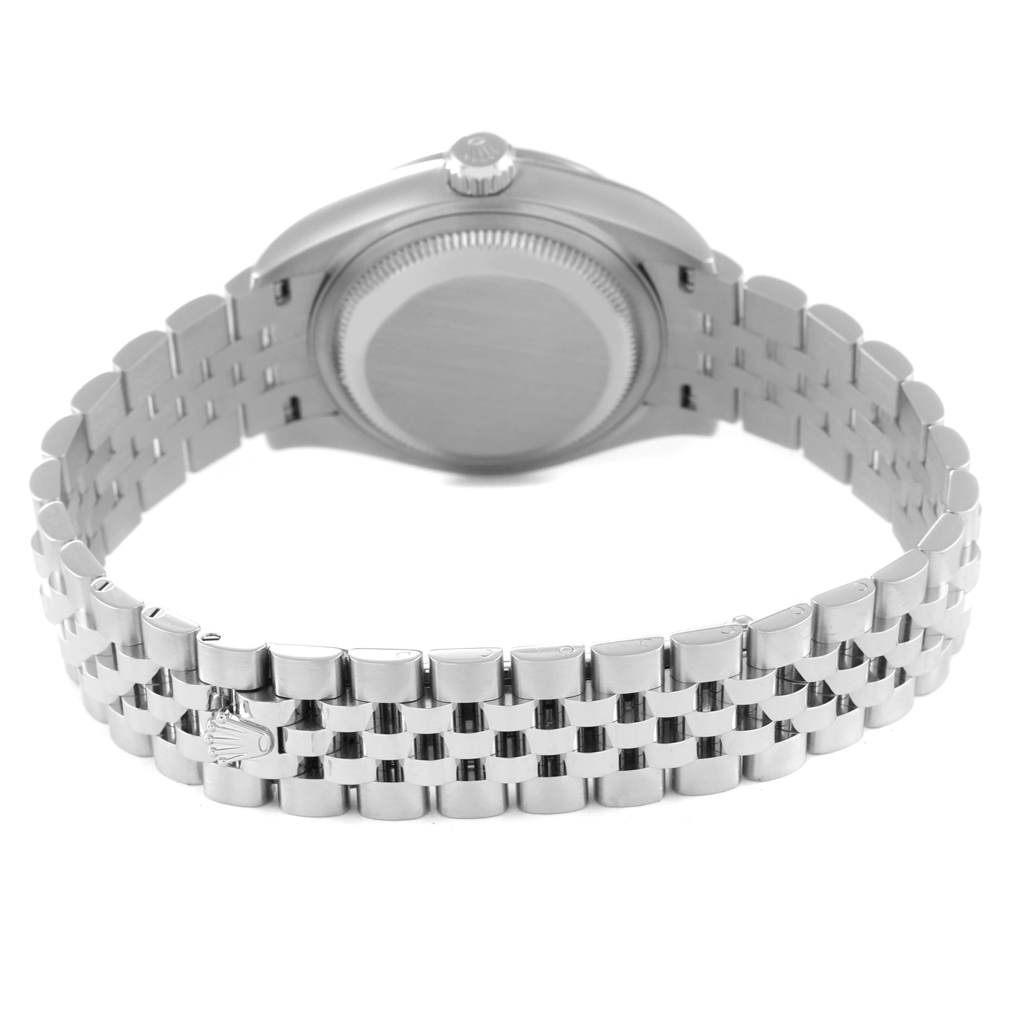 The image shows the backside and bracelet of a Rolex Datejust 279174 Women's Stainless Steel Silver Dial 279174 Women's Stainless Steel Silver Dial watch.
