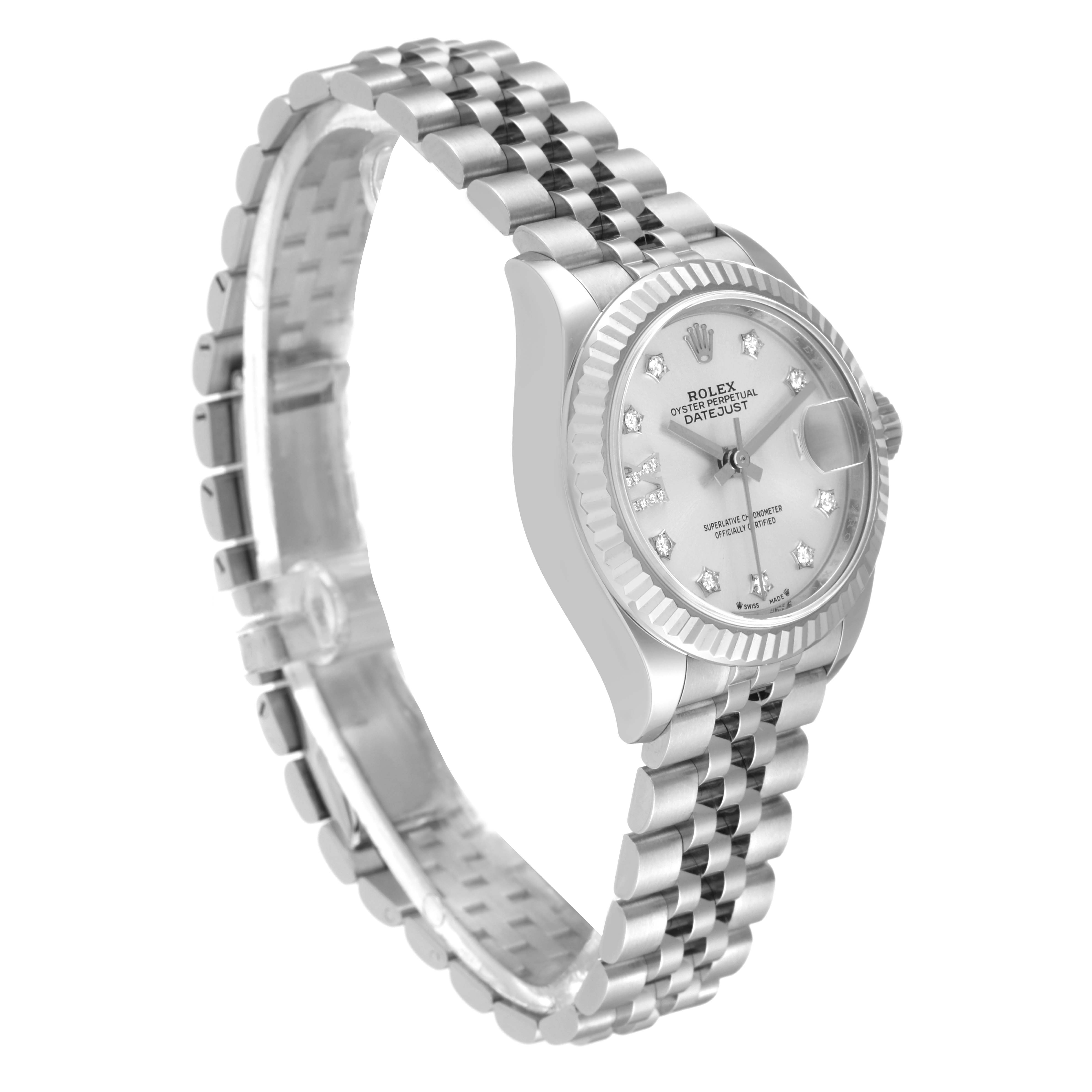 The Rolex Datejust 279174 Women's Stainless Steel Silver Dial 279174 Women's Stainless Steel Silver Dial model watch is shown at an angle highlighting its face, bezel, and bracelet.
