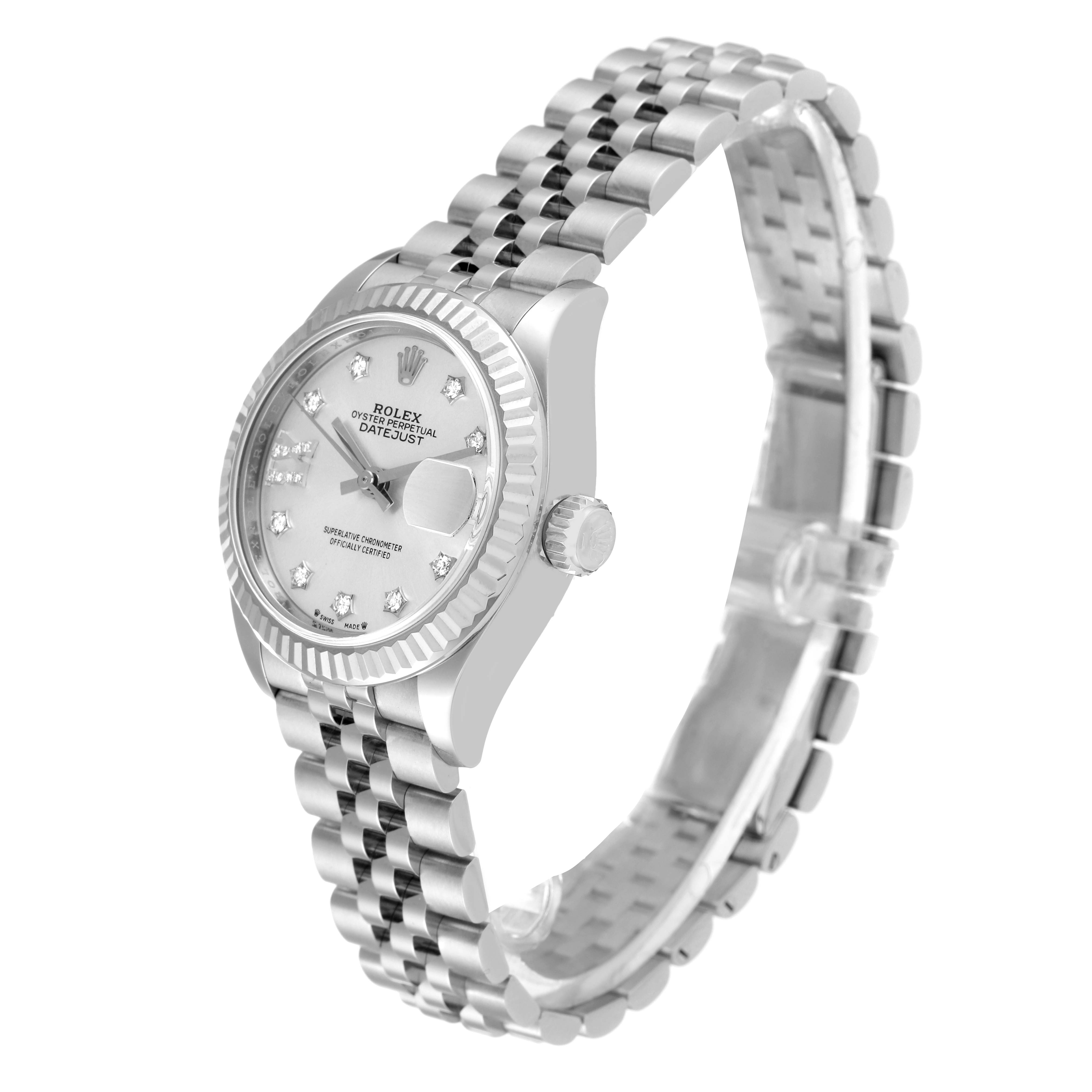 The image shows a Rolex Datejust 279174 Women's Stainless Steel Silver Dial 279174 Women's Stainless Steel Silver Dial watch at a slight angle, highlighting the face, bezel, crown, and part of the bracelet.