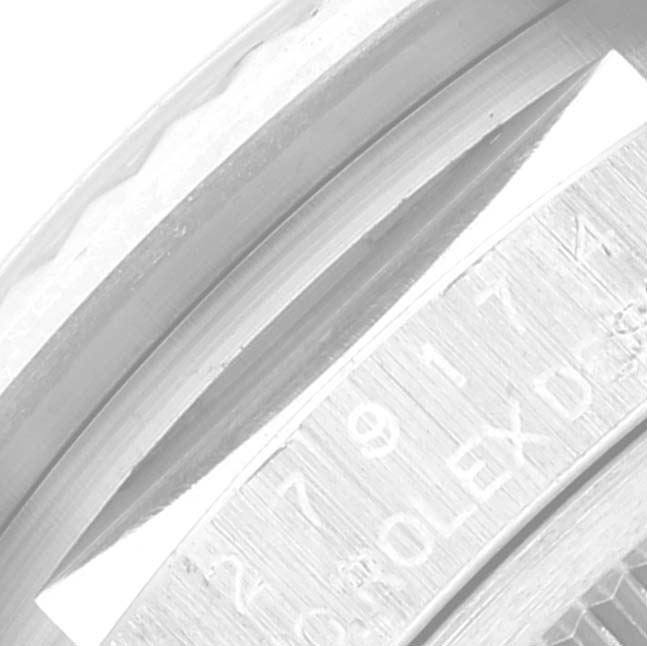 The image shows a close-up angle of the bezel and part of the dial of a Rolex Datejust 279174 Women's Stainless Steel Silver Dial 279174 Women's Stainless Steel Silver Dial watch.