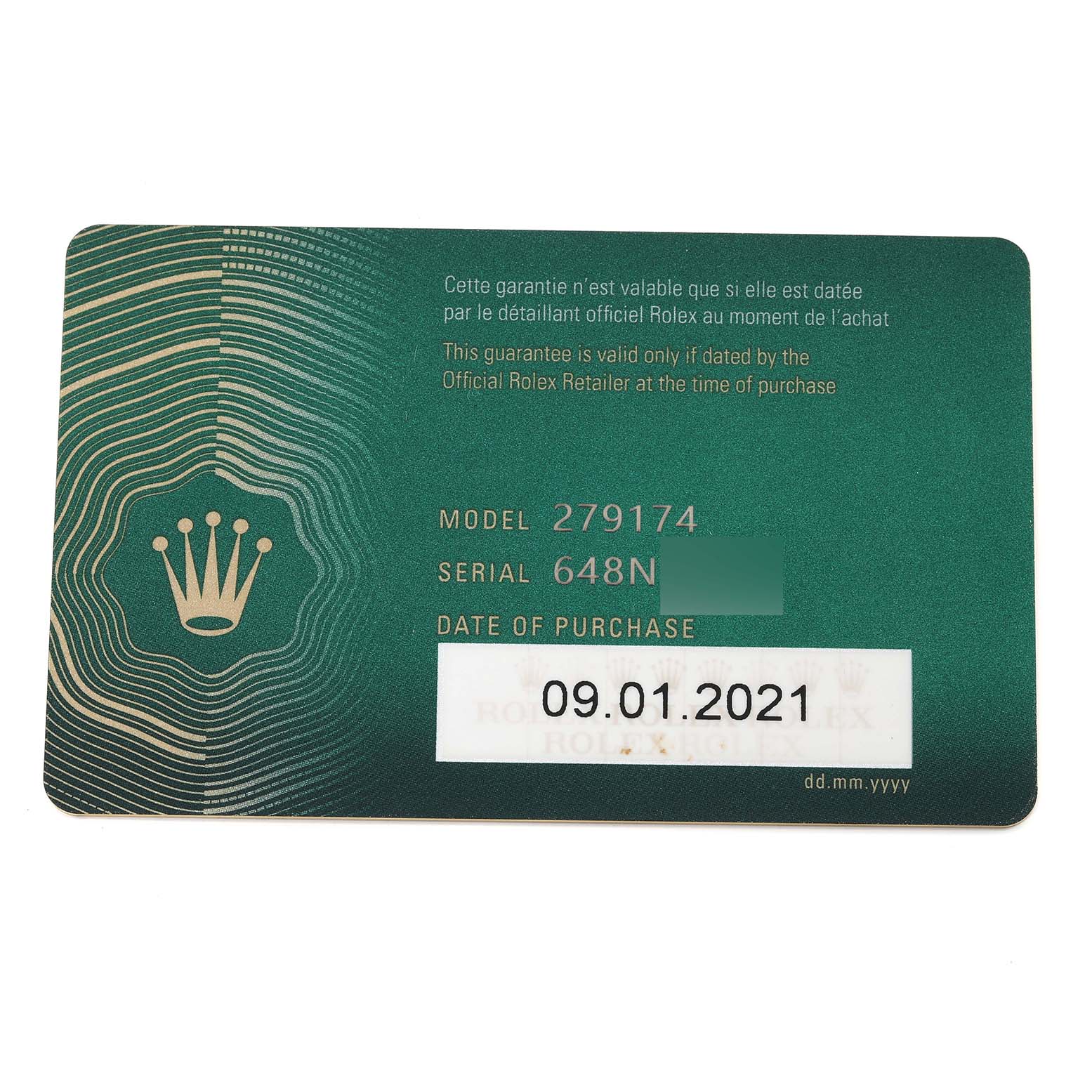 The image shows a warranty card for a Rolex Datejust 279174 Women's Stainless Steel Silver Dial 279174 Women's Stainless Steel Silver Dial model 279174, featuring model and serial numbers, along with the purchase date.