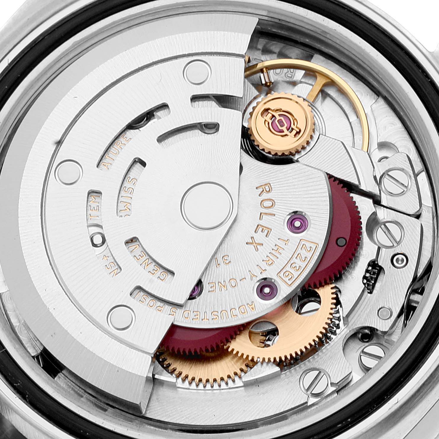 The image shows a close-up view of the movement mechanism inside a Rolex Datejust 279174 Women's Stainless Steel Silver Dial 279174 Women's Stainless Steel Silver Dial watch.