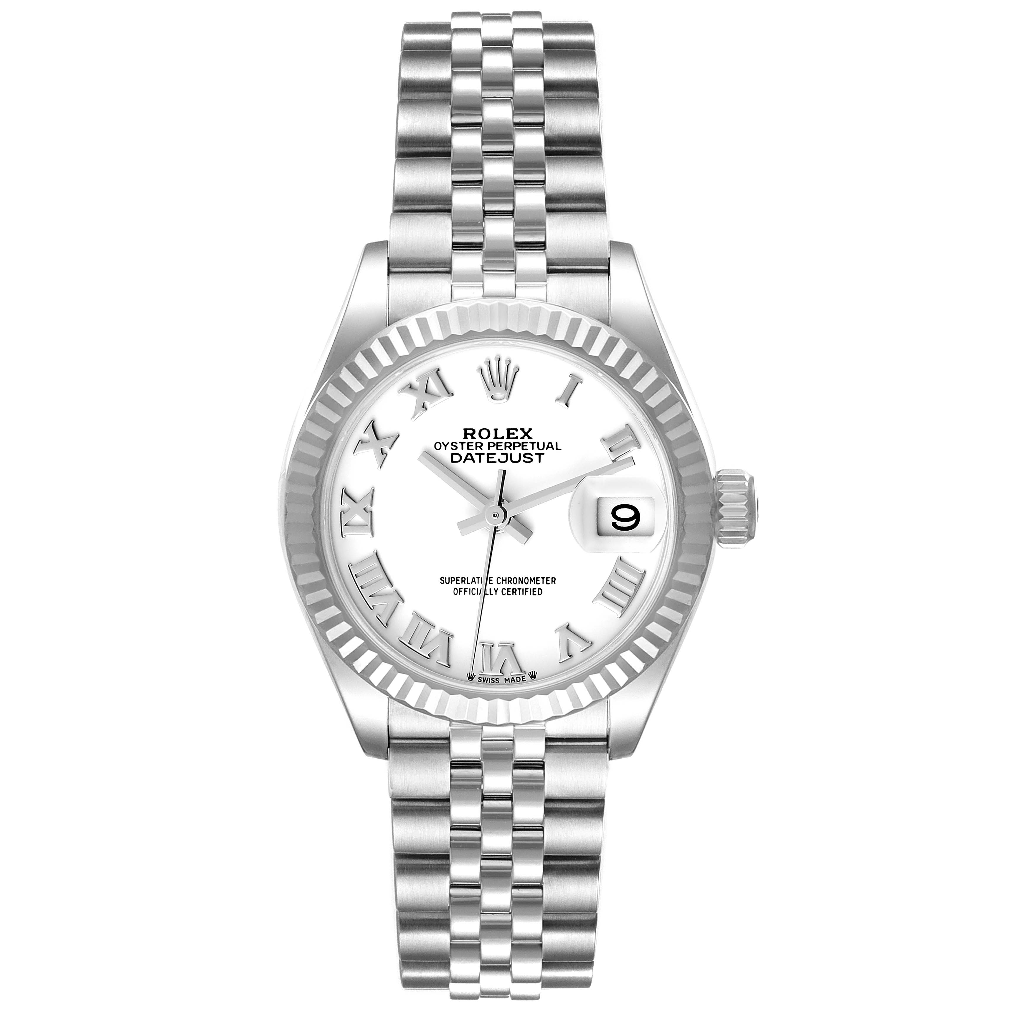 The image shows a frontal view of a Rolex Datejust 279174 Women's Stainless Steel White Dial 279174 Women's Stainless Steel White Dial, highlighting the dial, bezel, bracelet, and date window.