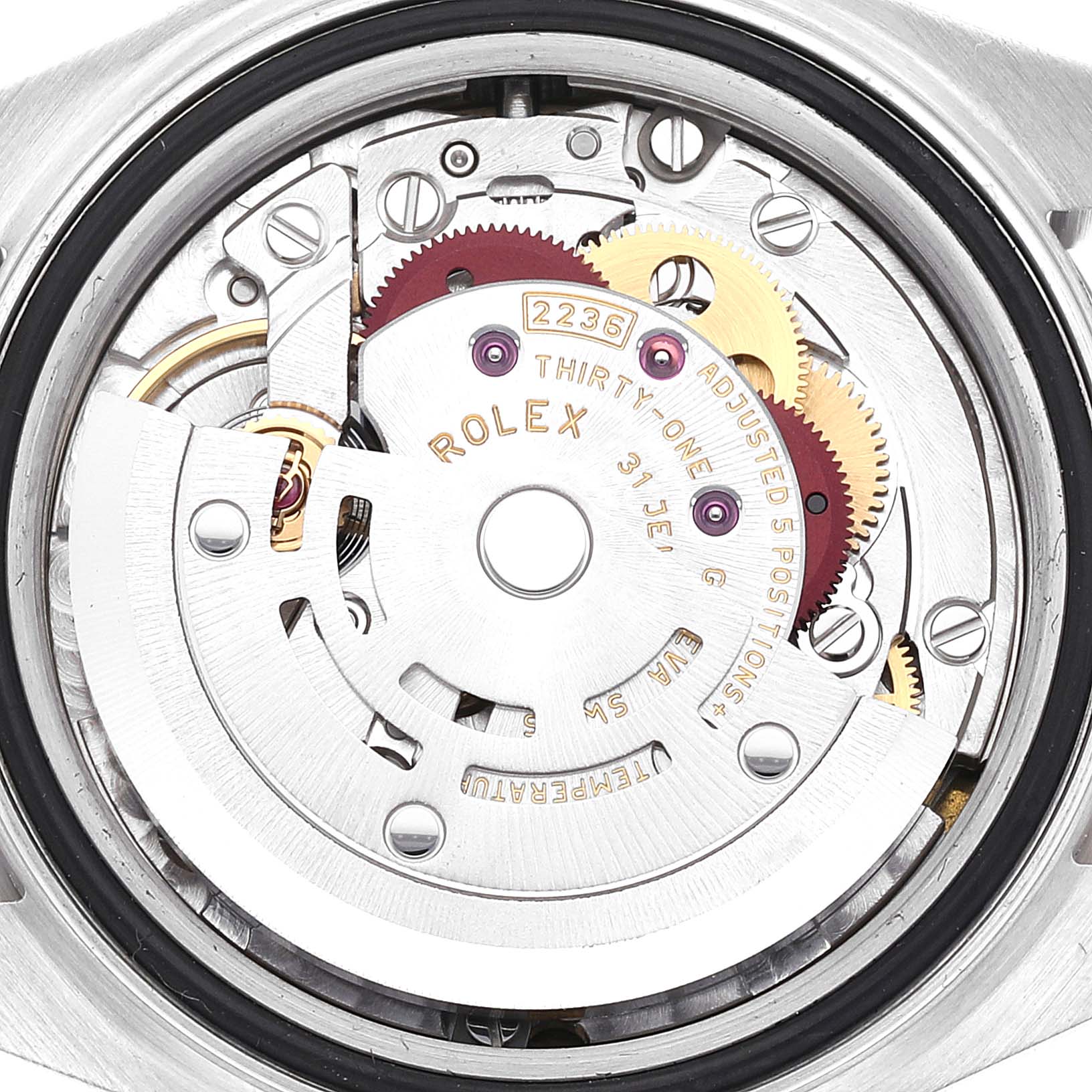 This image shows the internal mechanism and gears of the Rolex Datejust 279174 Women's Stainless Steel White Dial 279174 Women's Stainless Steel White Dial watch viewed from the back.