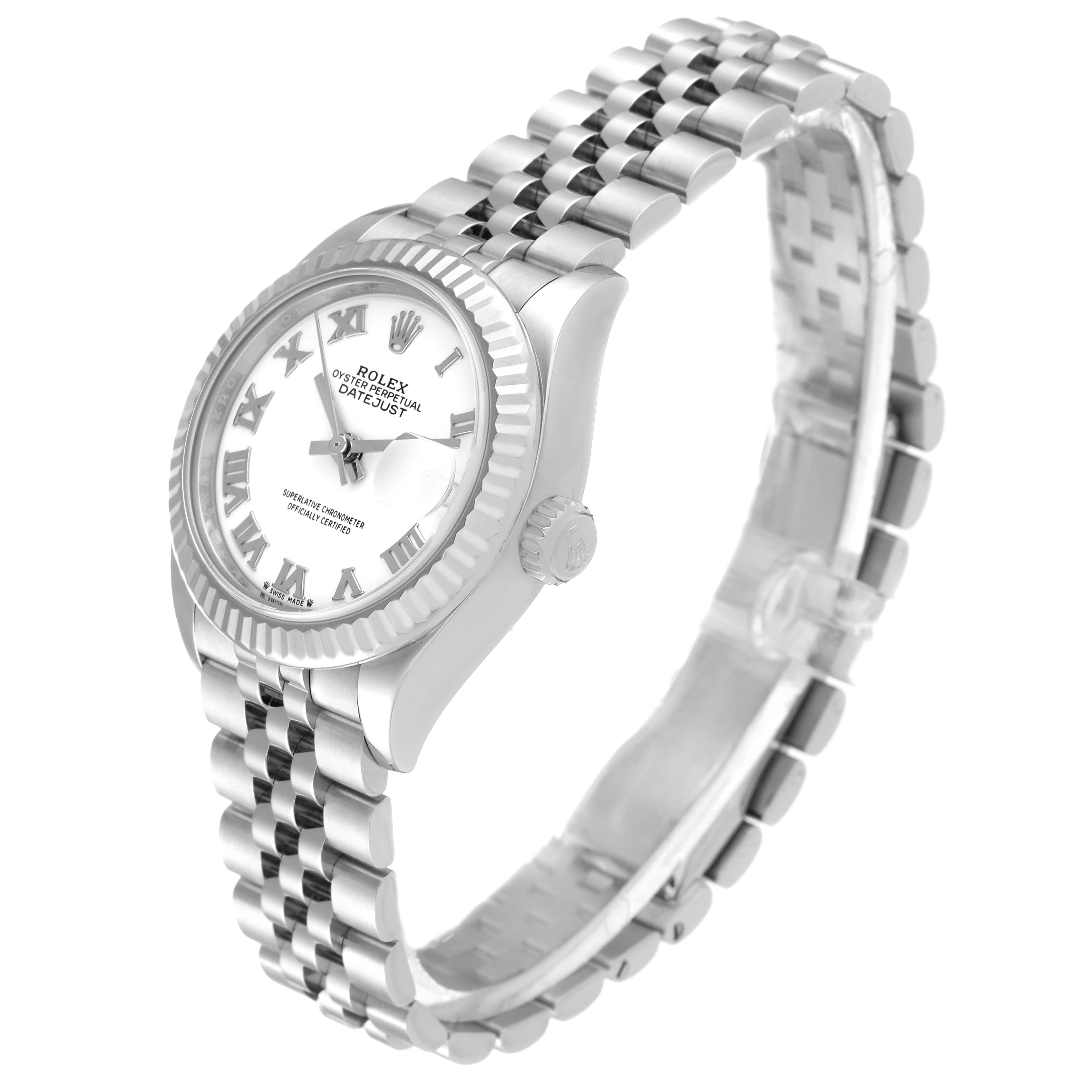 The image shows a side-angle view of the Rolex Datejust 279174 Women's Stainless Steel White Dial 279174 Women's Stainless Steel White Dial watch, highlighting the face, bezel, case, crown, and bracelet.