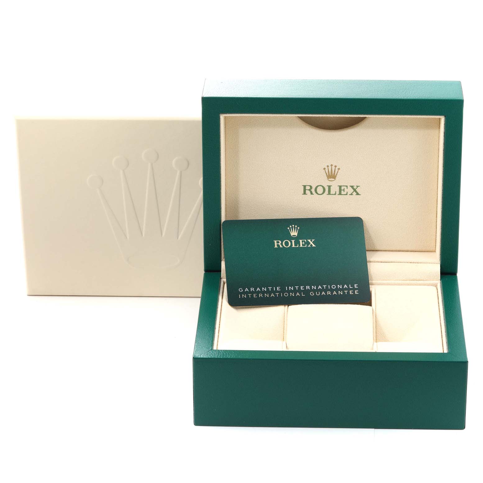 The image shows a Rolex Datejust 279174 Women's Stainless Steel White Dial 279174 Women's Stainless Steel White Dial watch box with its warranty card and an outer box at an angled front view.