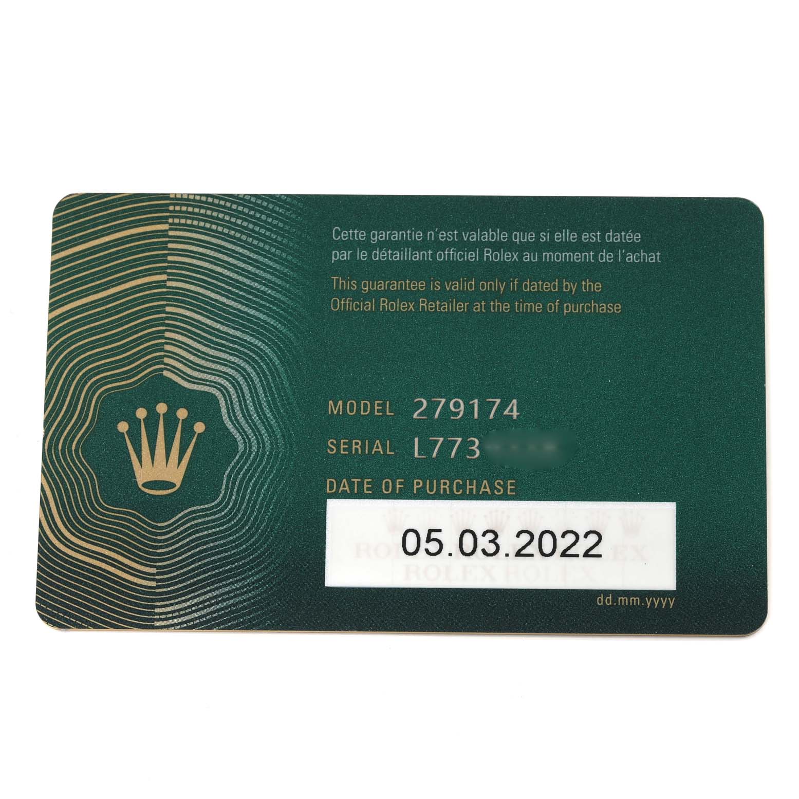 The image shows the warranty card for a Rolex Datejust 279174 Women's Stainless Steel White Dial 279174 Women's Stainless Steel White Dial model 279174 watch, displaying the model, serial number, and purchase date.