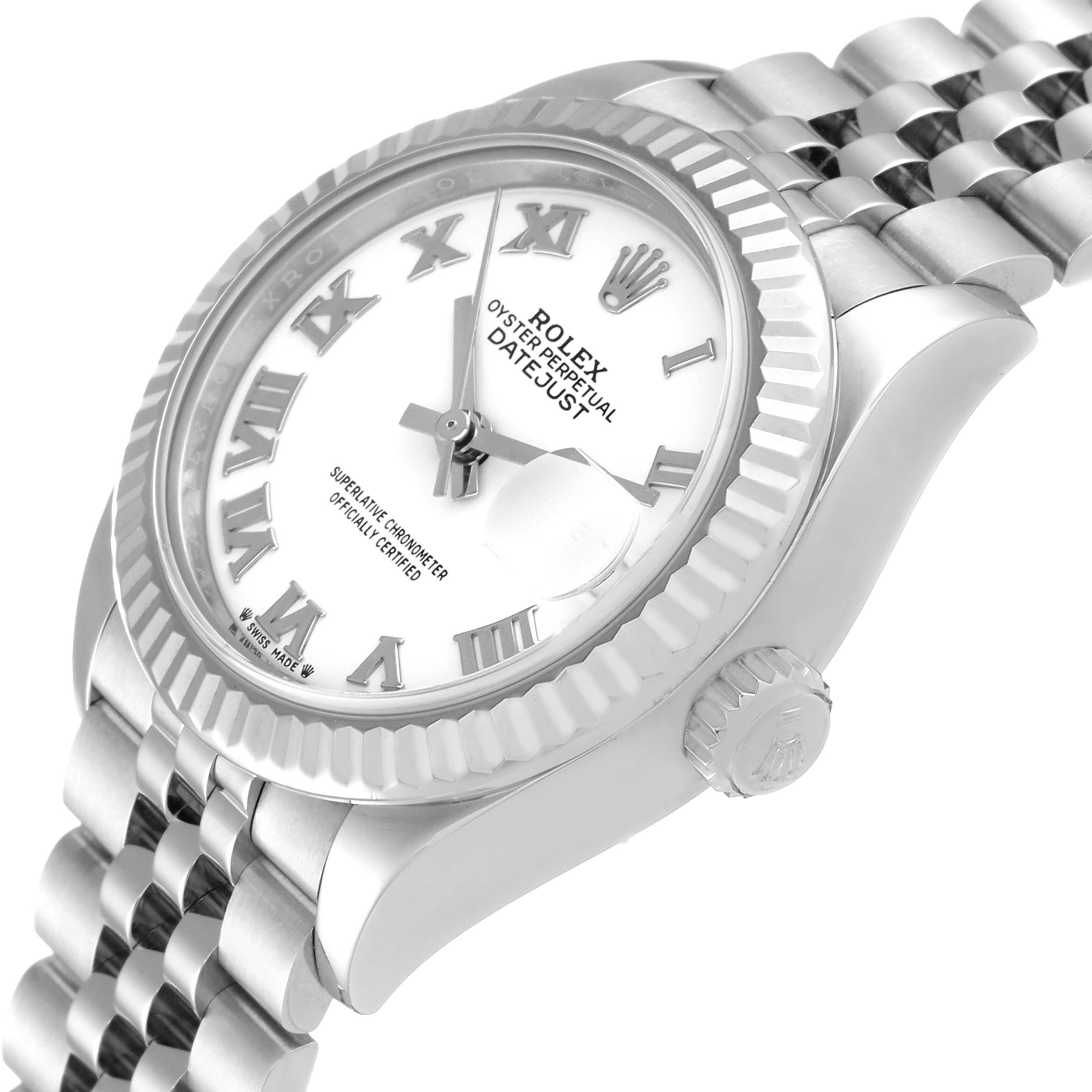 The Rolex Datejust 279174 Women's Stainless Steel White Dial 279174 Women's Stainless Steel White Dial watch is shown at an angled side view, highlighting the face, bezel, crown, and part of the bracelet.