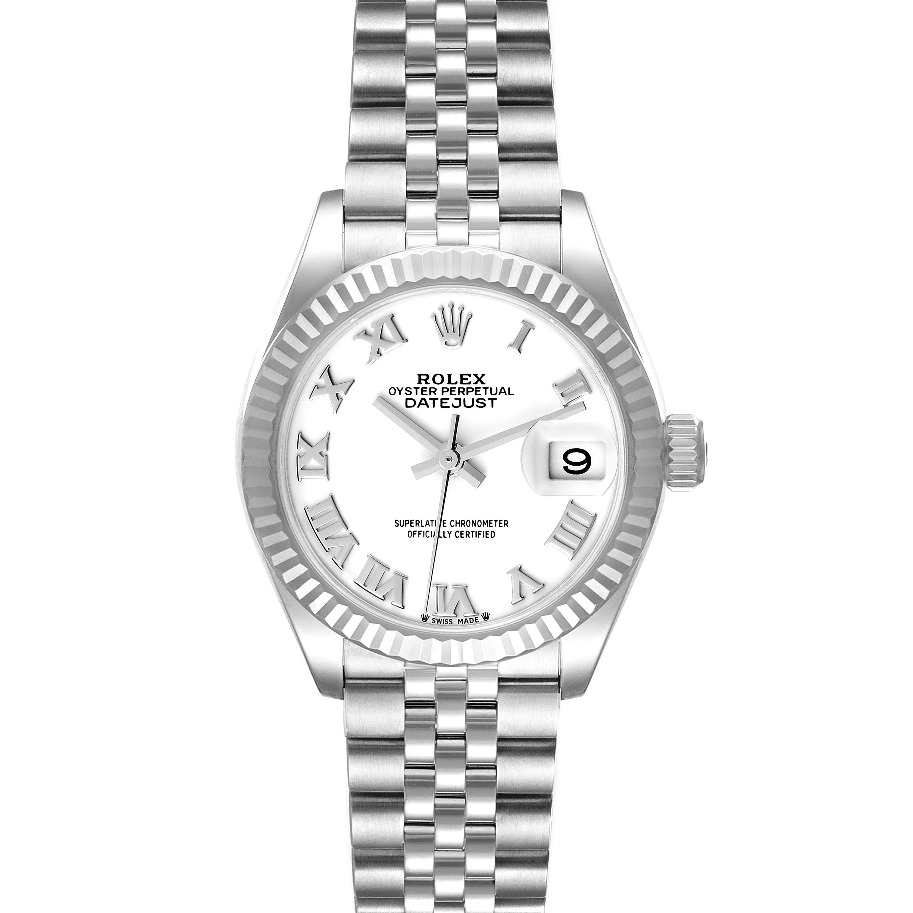 The image displays a front-facing view of a Rolex Datejust 279174 Women's Stainless Steel White Dial 279174 Women's Stainless Steel White Dial, showing the dial, bracelet, and date window at 3 o'clock.