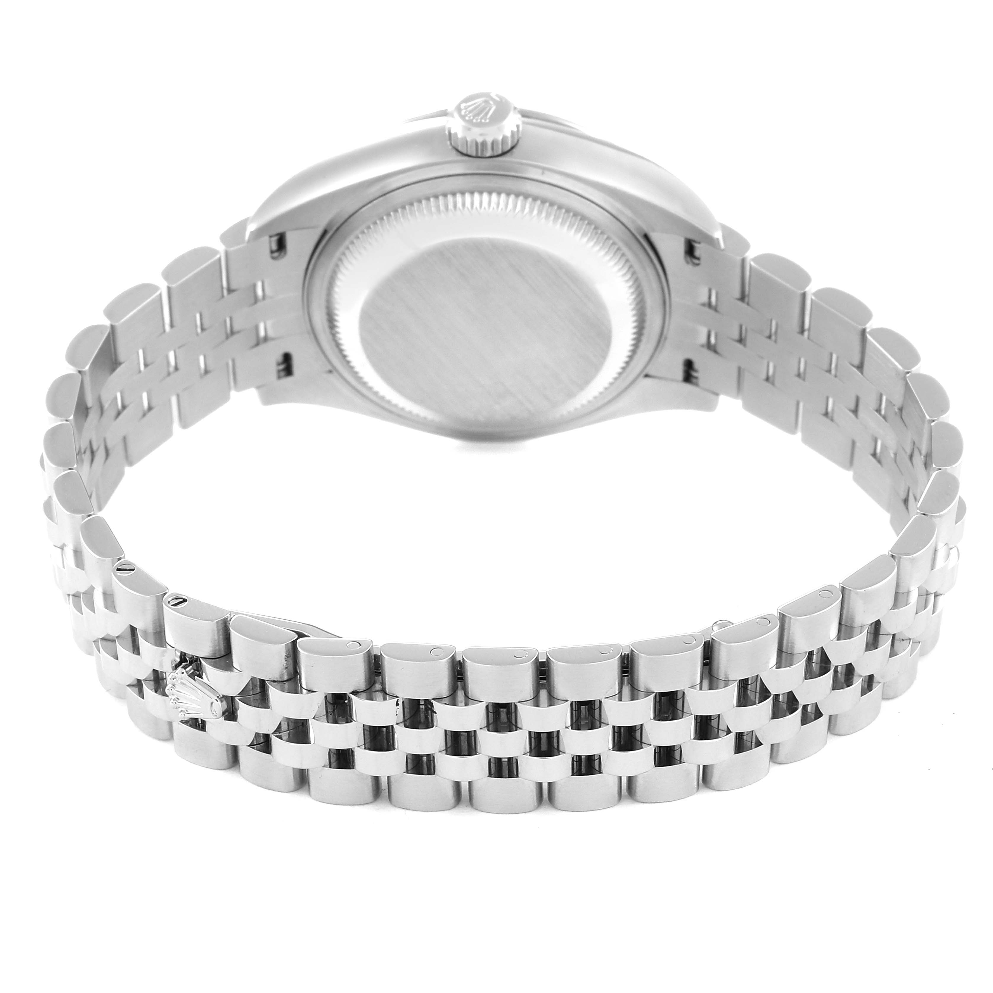 This image shows the case back and bracelet of the Rolex Datejust 279174 Women's Stainless Steel White Dial 279174 Women's Stainless Steel White Dial watch from a rear angle.