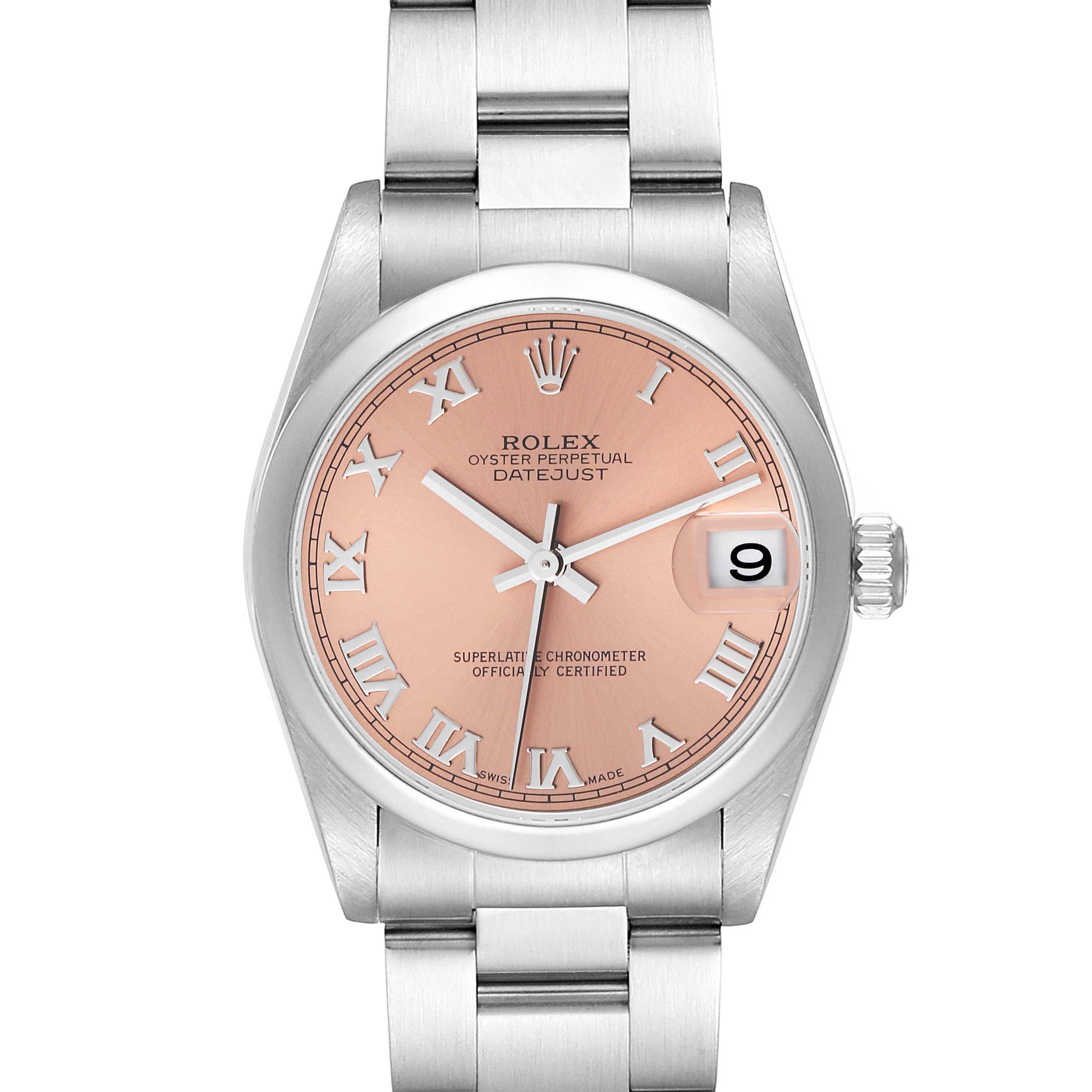 The image shows a frontal view of a Rolex Datejust 78240 Women's Stainless Steel Pink Dial 78240 Women's Stainless Steel Pink Dial watch with its dial, bezel, bracelet, and date window clearly visible.