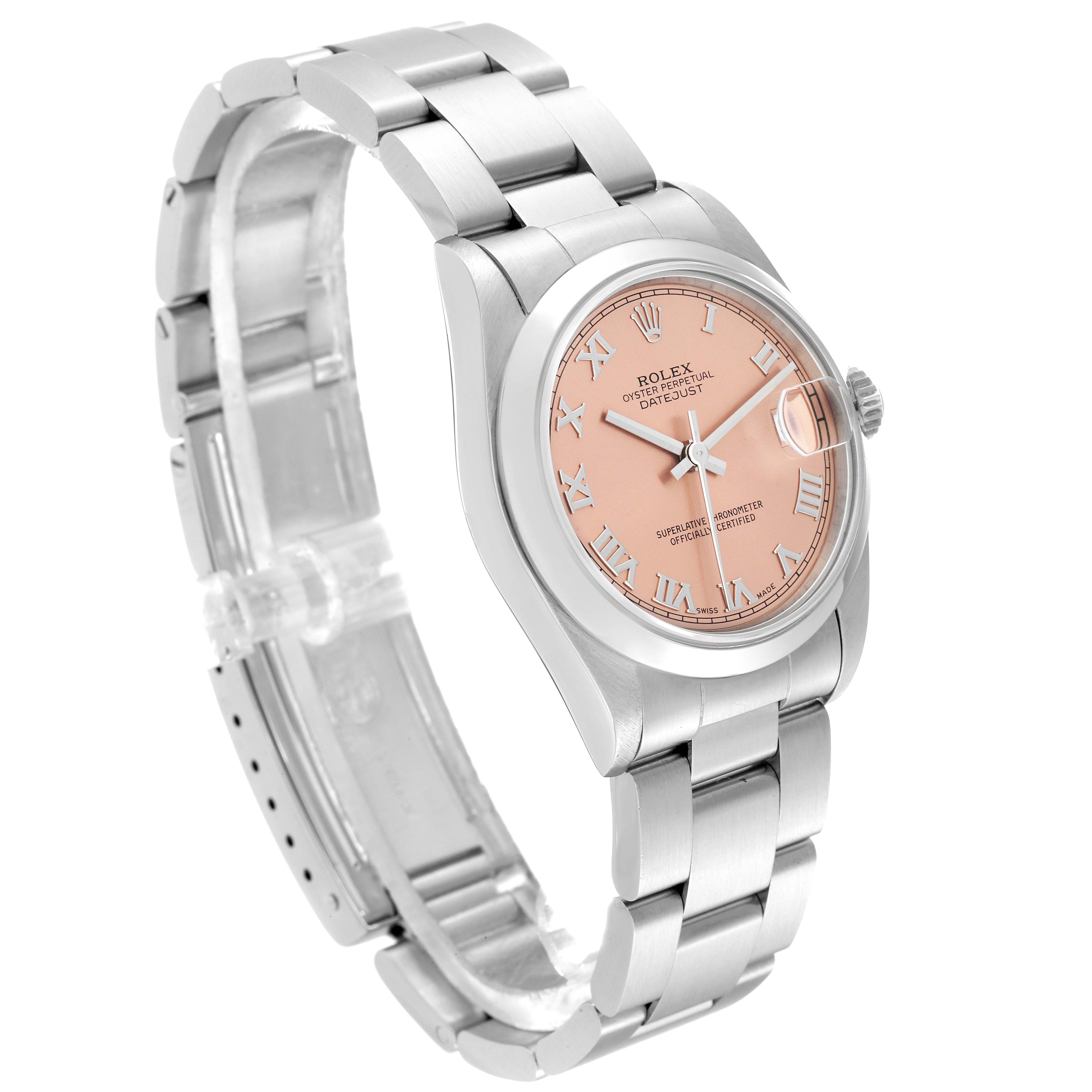 This Rolex Datejust 78240 Women's Stainless Steel Pink Dial 78240 Women's Stainless Steel Pink Dial watch is shown from an angled view, highlighting its pink dial, Roman numerals, and metal bracelet.
