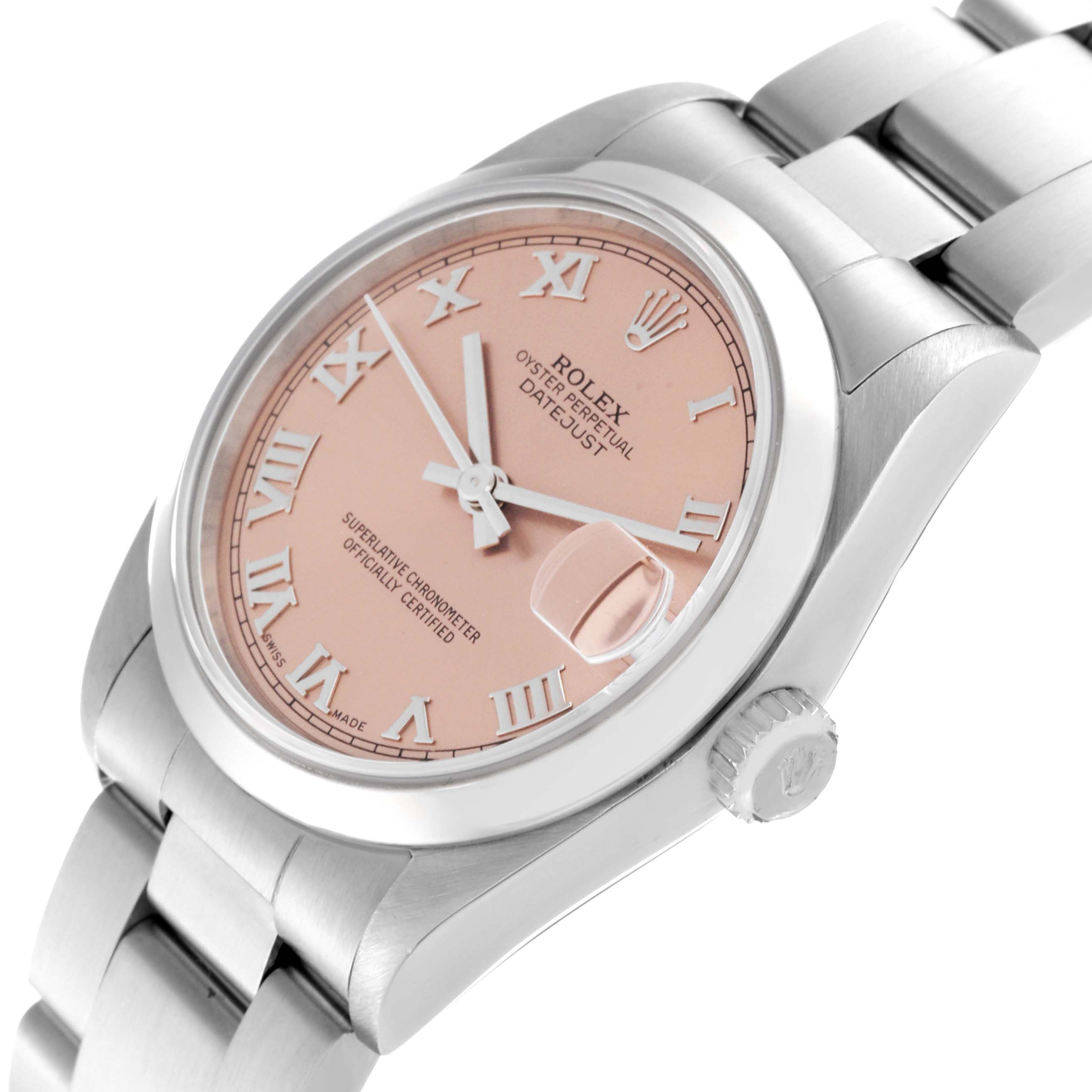 This image shows a close-up, angled view of a Rolex Datejust 78240 Women's Stainless Steel Pink Dial 78240 Women's Stainless Steel Pink Dial watch, highlighting its pink dial, Roman numerals, date window, and stainless steel bracelet.