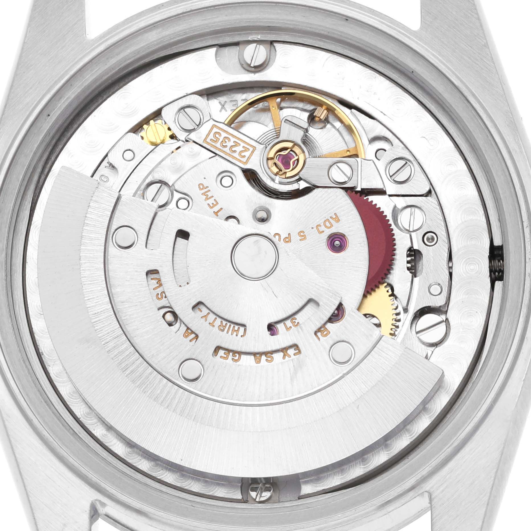 This image shows the movement from the back of a Rolex Datejust 78240 Women's Stainless Steel Pink Dial 78240 Women's Stainless Steel Pink Dial watch, highlighting the rotor and other internal components.