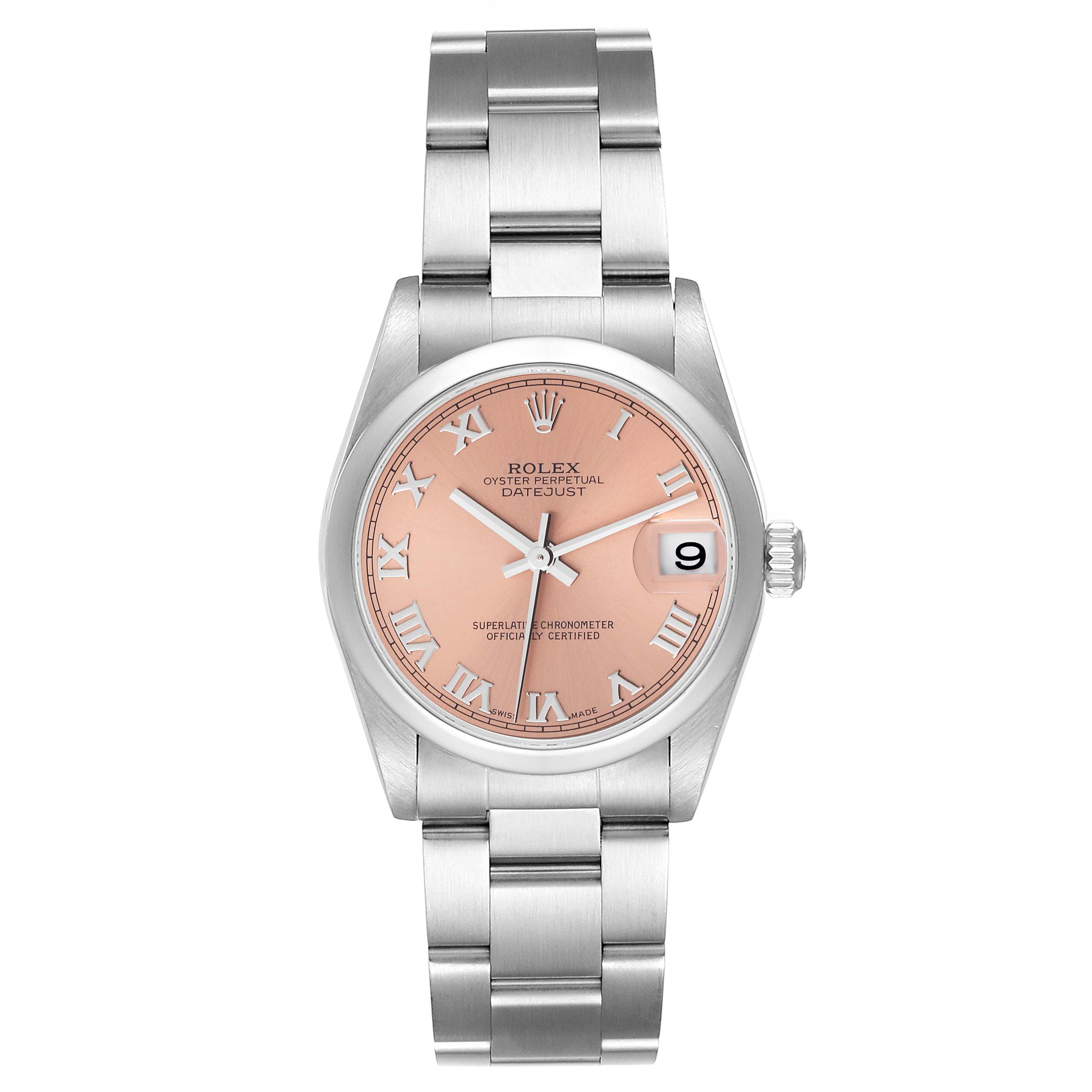 This image shows a front view of the Rolex Datejust 78240 Women's Stainless Steel Pink Dial 78240 Women's Stainless Steel Pink Dial watch, featuring a pink dial with Roman numerals and a stainless steel bracelet.