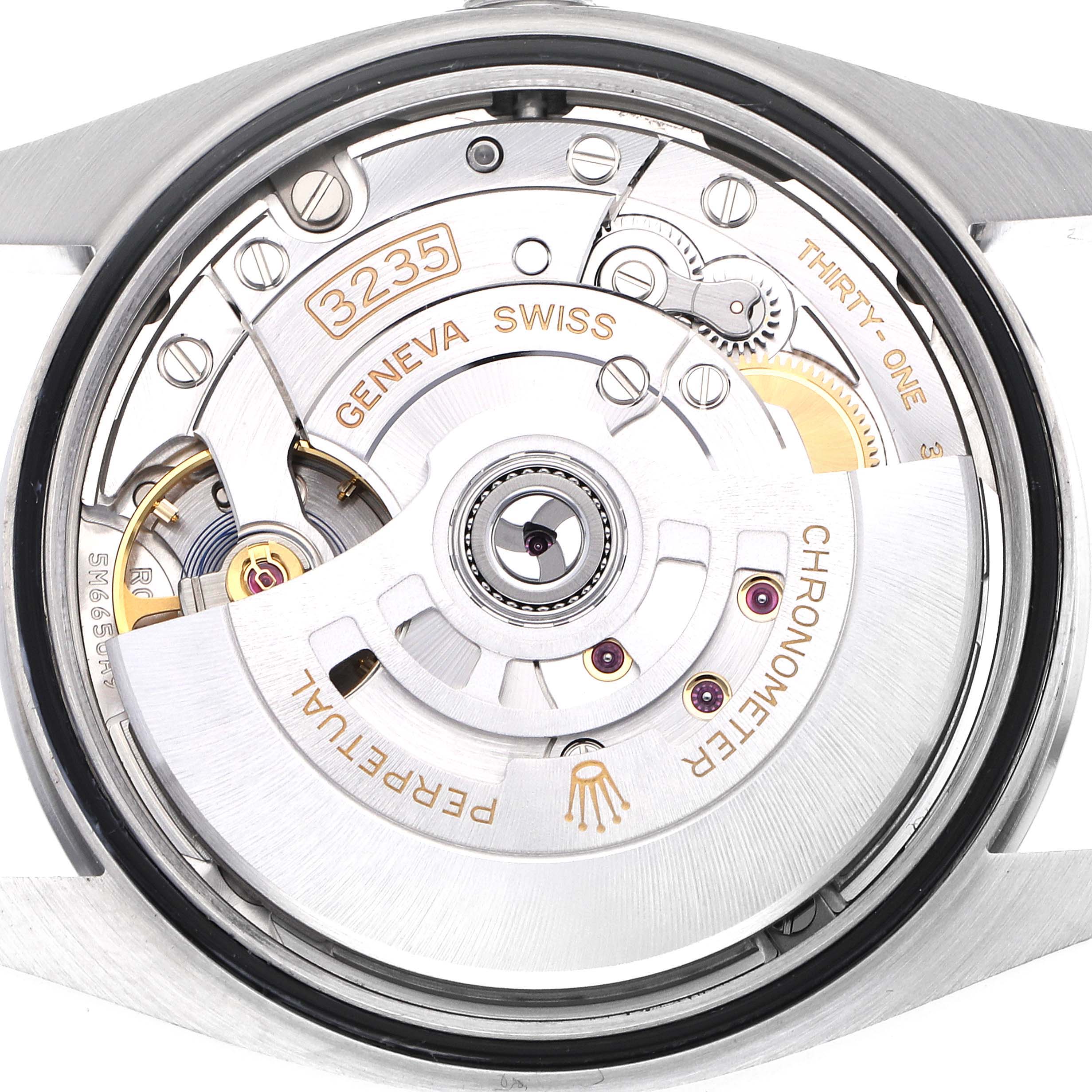 The image shows the back view of a Rolex Datejust 126200 Men's Stainless Steel Blue Dial 126200 Men's Stainless Steel Blue Dial watch, highlighting the movement and internal mechanisms.