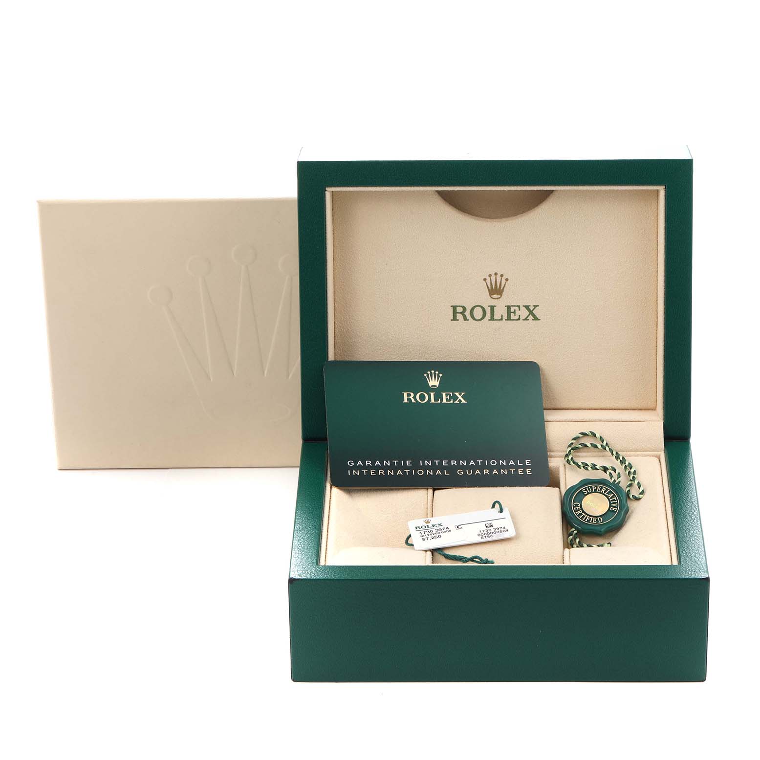 The image shows a Rolex Datejust 126200 Men's Stainless Steel Blue Dial 126200 Men's Stainless Steel Blue Dial watch box with an international guarantee card and tag at a front-facing angle.