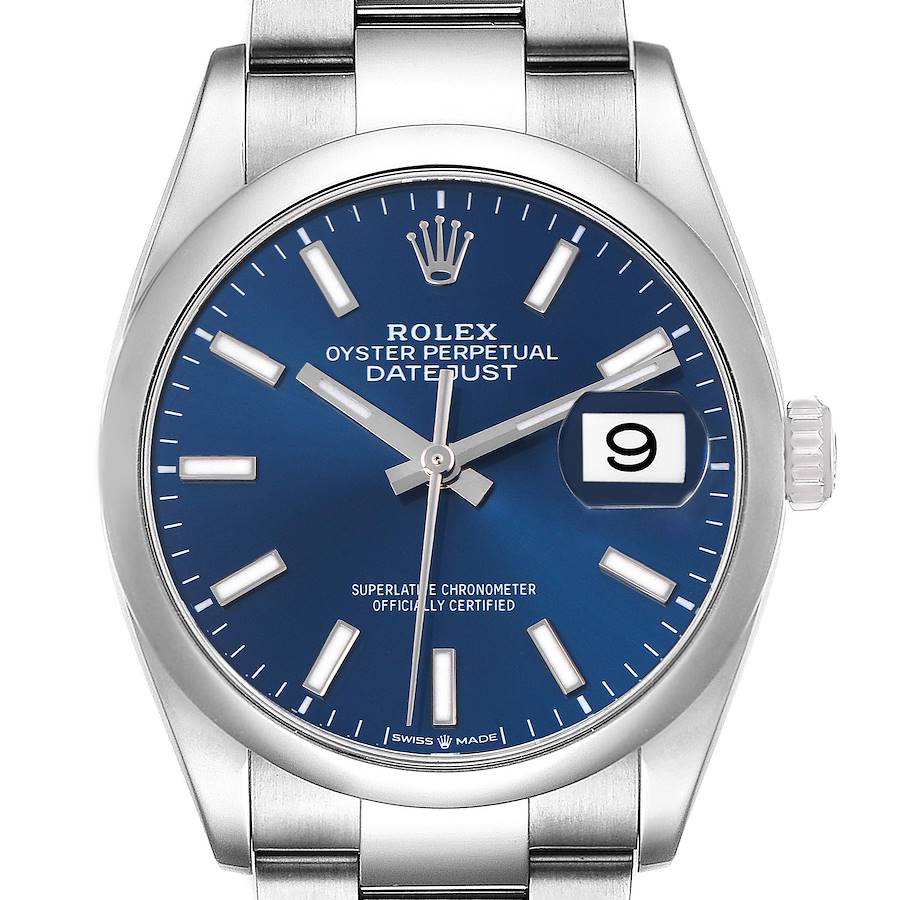 The Rolex Datejust watch is shown from a front angle, displaying its blue dial, date window, and stainless steel bracelet.