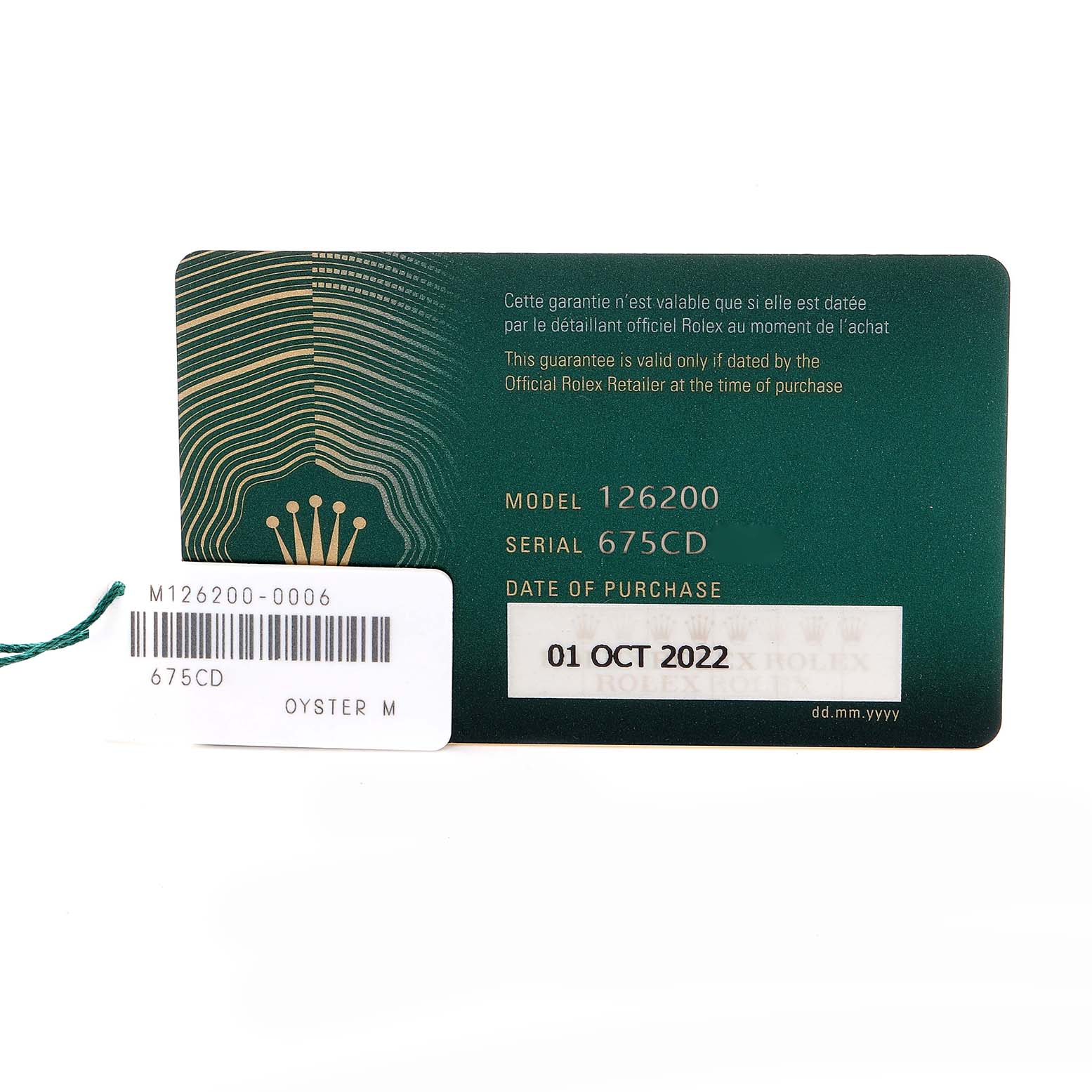 The image shows a guarantee card and tag for a Rolex Datejust 126200 Men's Stainless Steel Blue Dial 126200 Men's Stainless Steel Blue Dial model 126200, highlighting its purchase date and serial number.