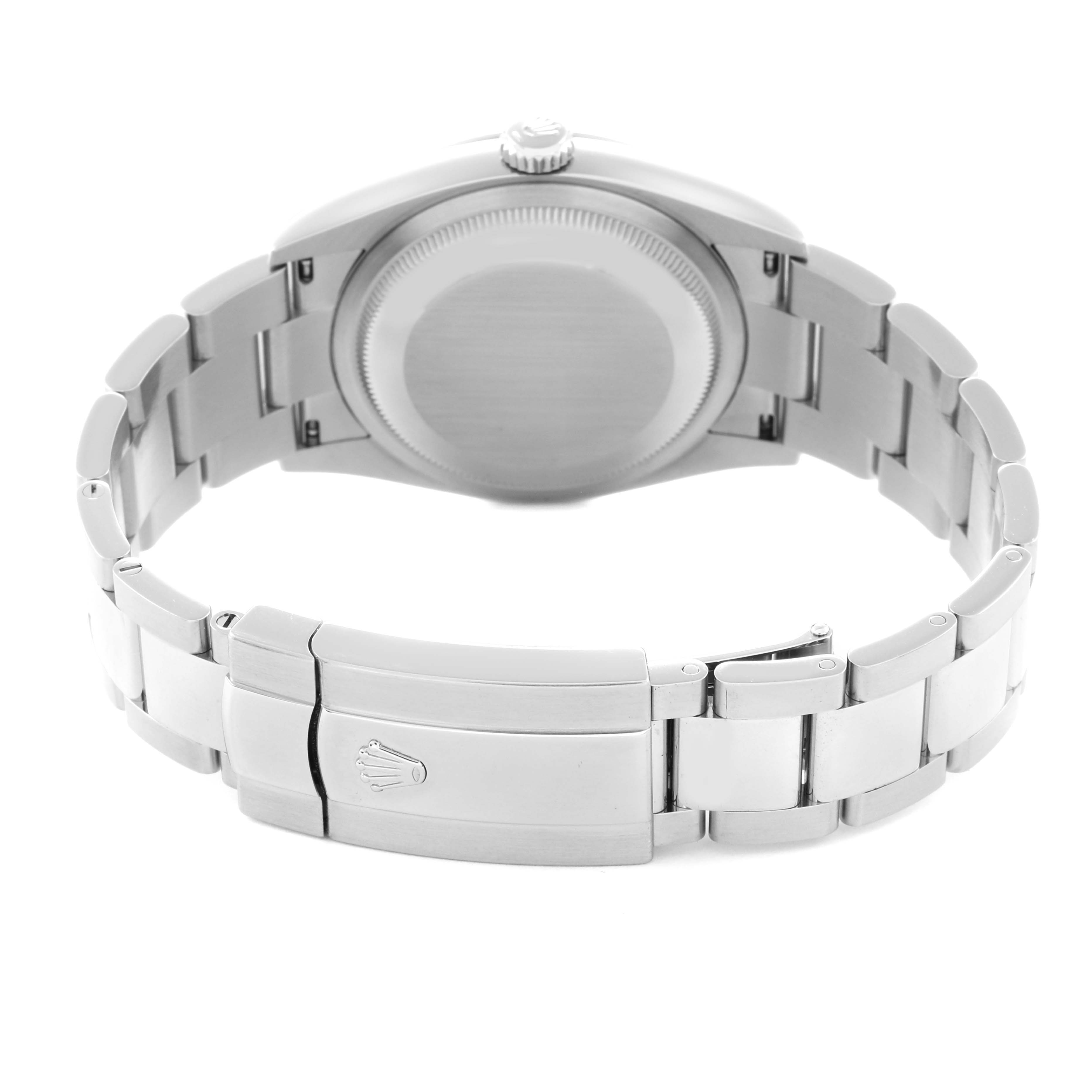 The image shows the back of a Rolex Datejust 126200 Men's Stainless Steel Blue Dial 126200 Men's Stainless Steel Blue Dial watch, including the clasp and bracelet from a rear angle.