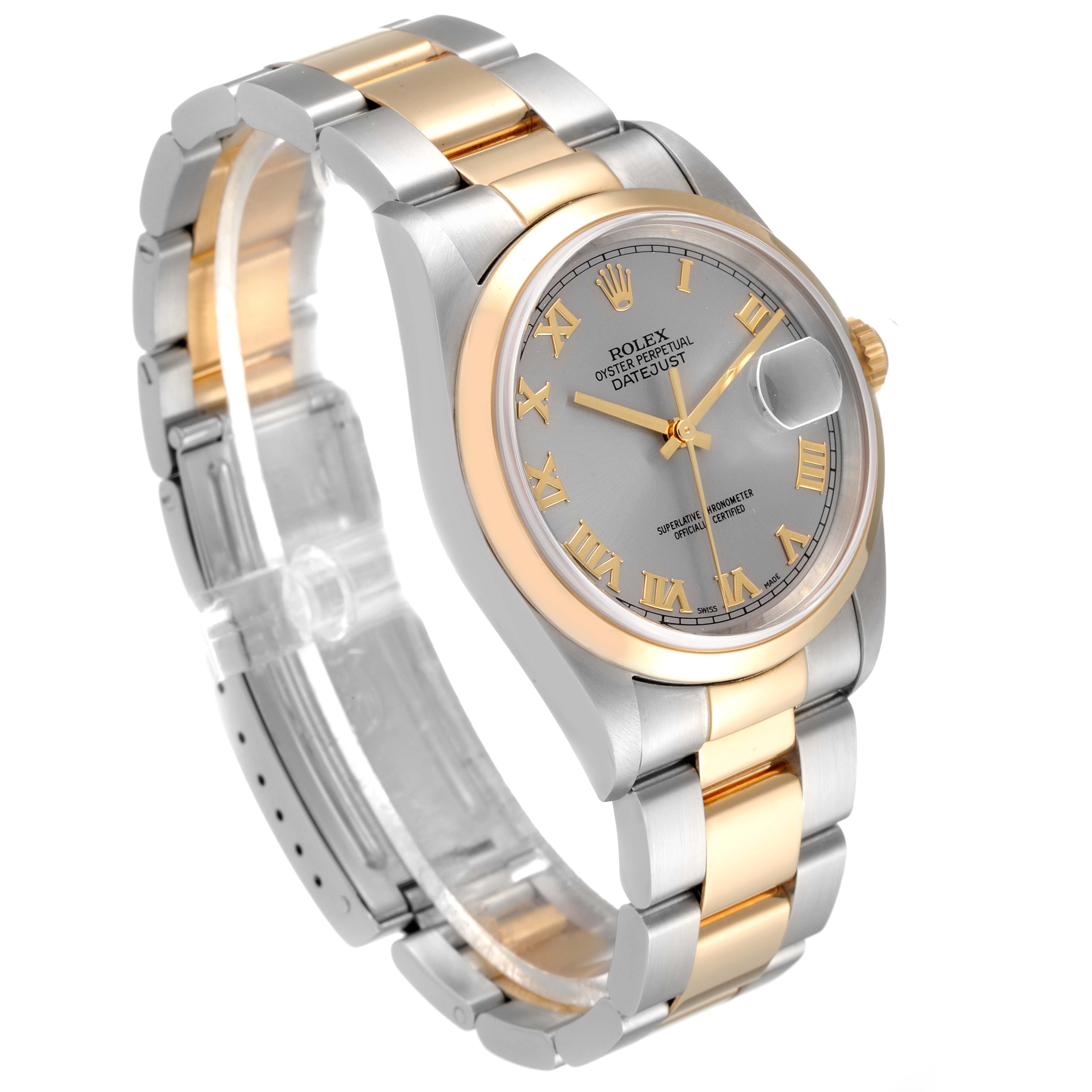The image shows a Rolex Datejust 16203 Men
s Steel and Gold (two tone) Grey Dial 16203 Men
s Steel and Gold (two tone) Grey Dial watch at an angled view, highlighting its two-tone bracelet, dial, and Roman numeral markers.