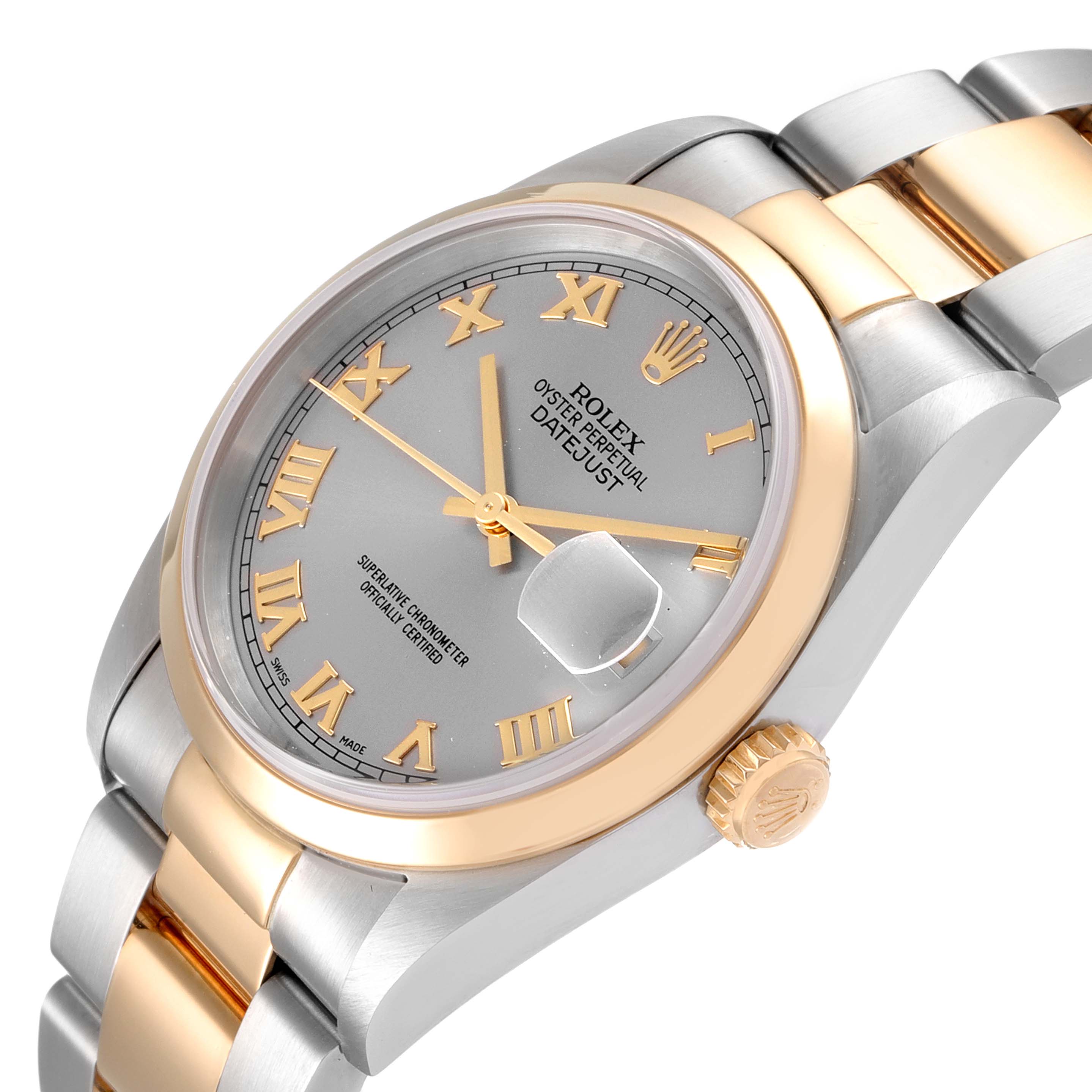 The image displays a Rolex Datejust 16203 Men
s Steel and Gold (two tone) Grey Dial 16203 Men
s Steel and Gold (two tone) Grey Dial watch at an angled view, highlighting the dial, crown, bezel, and bracelet.