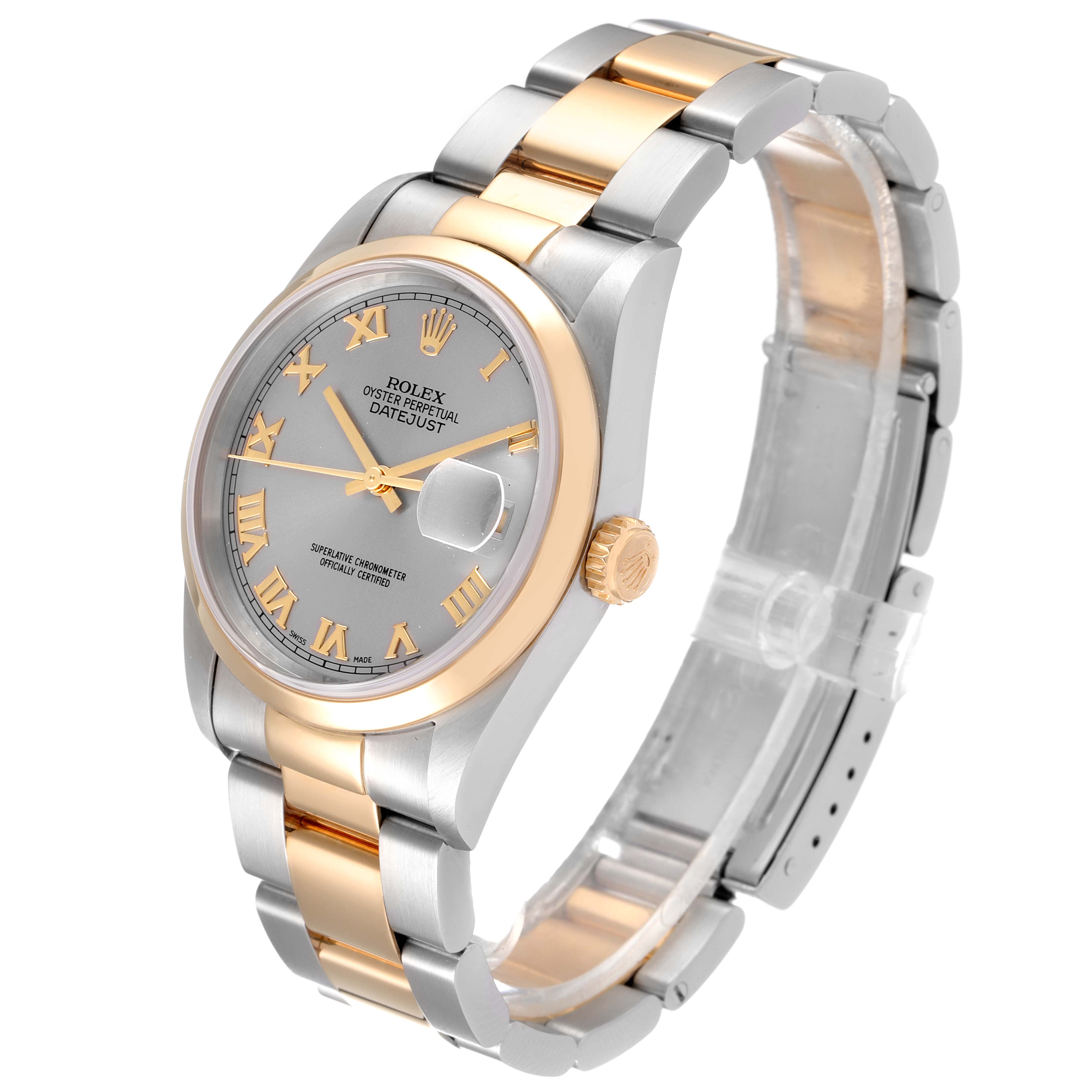 The Rolex Datejust 16203 Men
s Steel and Gold (two tone) Grey Dial 16203 Men
s Steel and Gold (two tone) Grey Dial watch is shown at a three-quarter angle, highlighting its face, bezel, and two-tone bracelet.