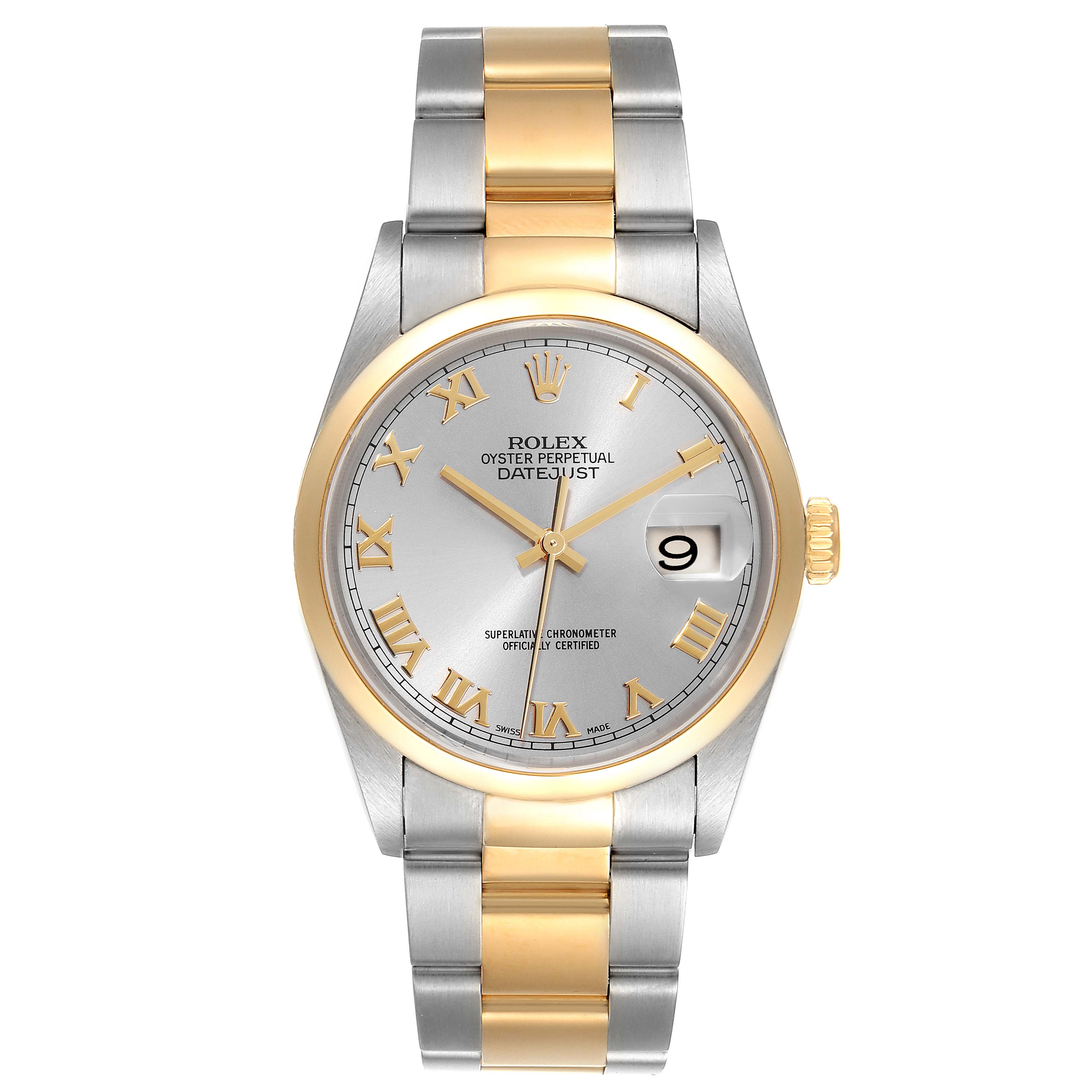 The image shows a Rolex Datejust 16203 Men
s Steel and Gold (two tone) Grey Dial 16203 Men
s Steel and Gold (two tone) Grey Dial watch with a silver dial, gold bezel, and a two-tone metal bracelet, viewed from the front.