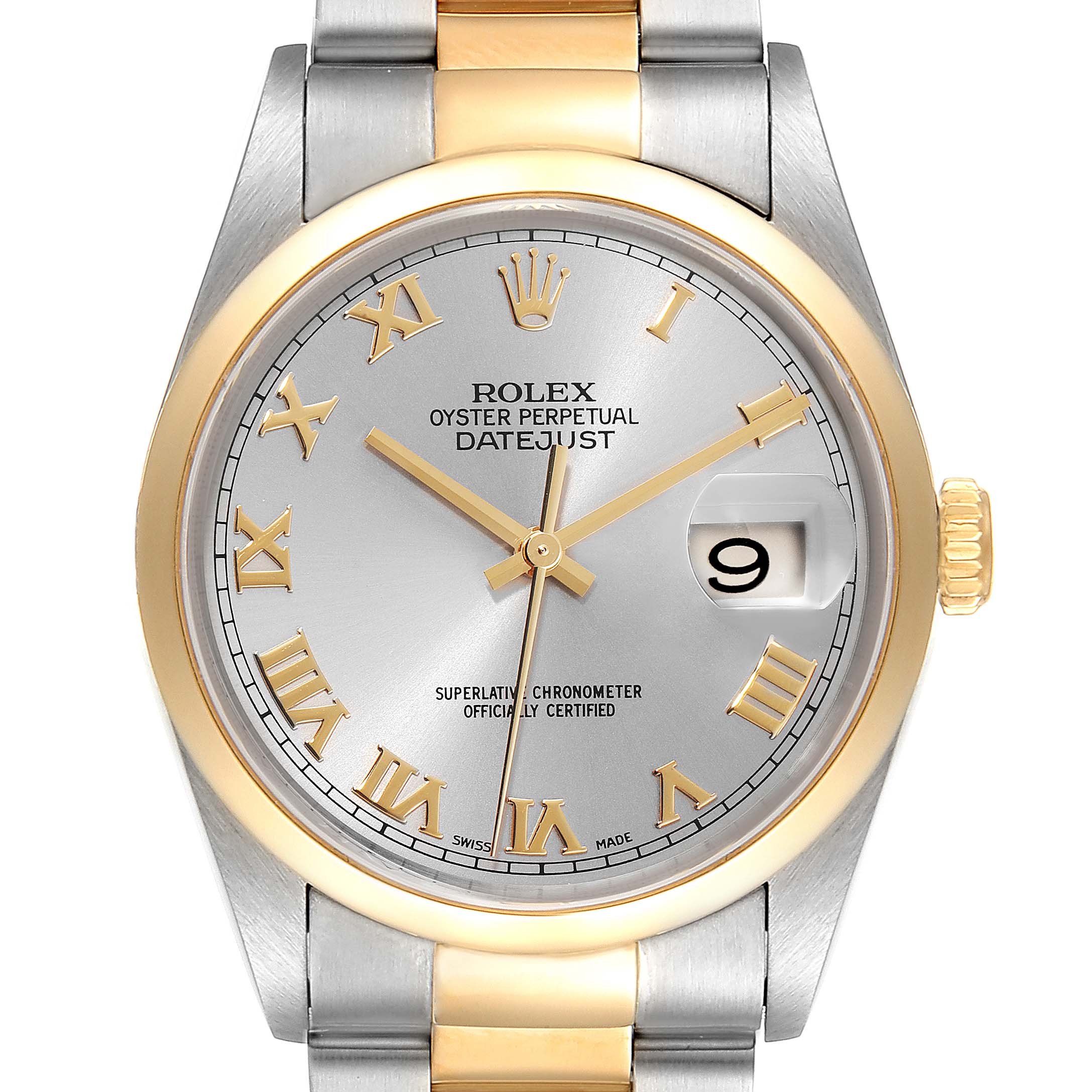 This image shows a front view of a Rolex Datejust 16203 Men
s Steel and Gold (two tone) Grey Dial 16203 Men
s Steel and Gold (two tone) Grey Dial watch, highlighting the dial, bezel, and part of the bracelet.