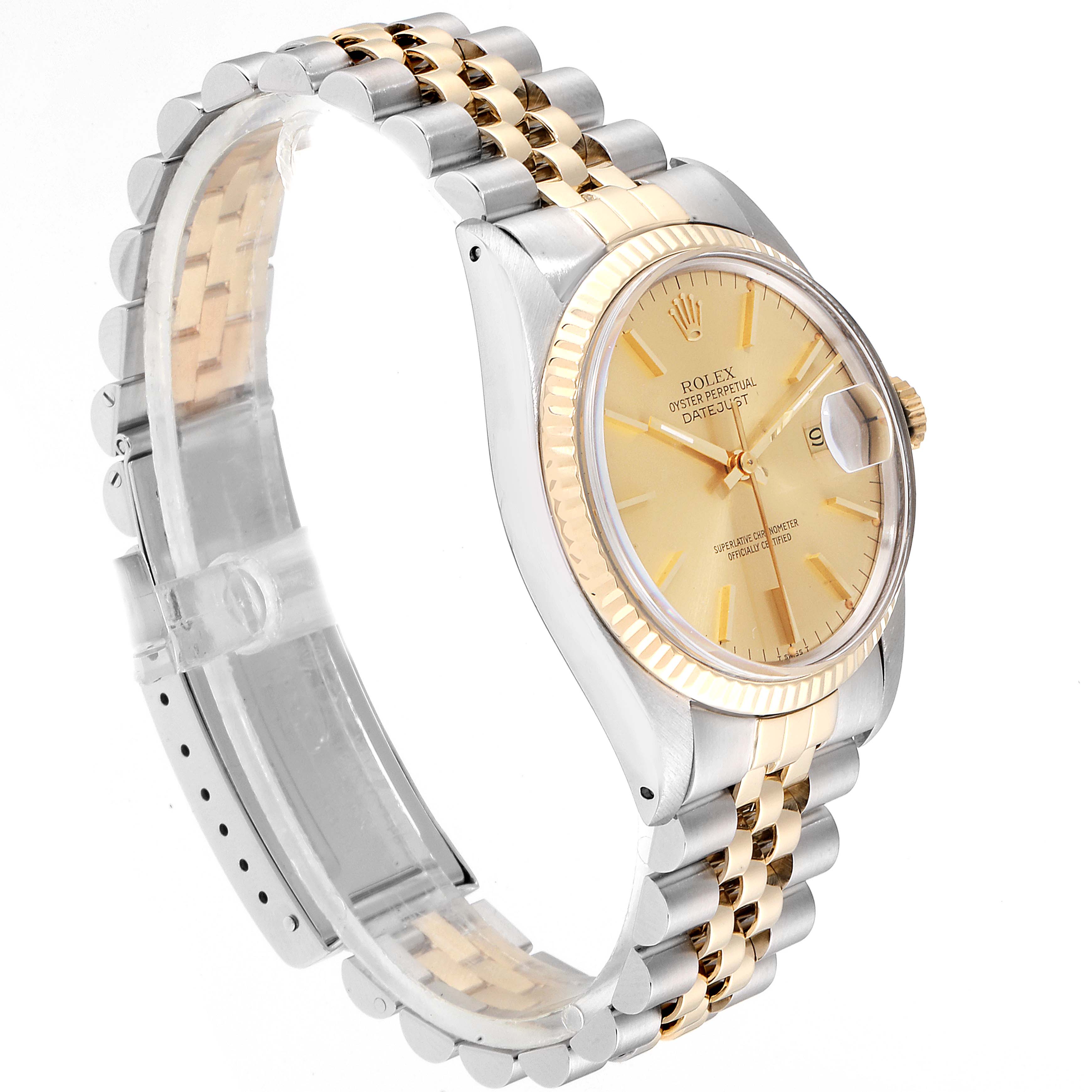 The Rolex Datejust 16013 Men's Steel and Gold (two tone) Champagne Dial 16013 Men's Steel and Gold (two tone) Champagne Dial watch is shown at a three-quarter angle, displaying the face, bezel, and part of the bracelet.