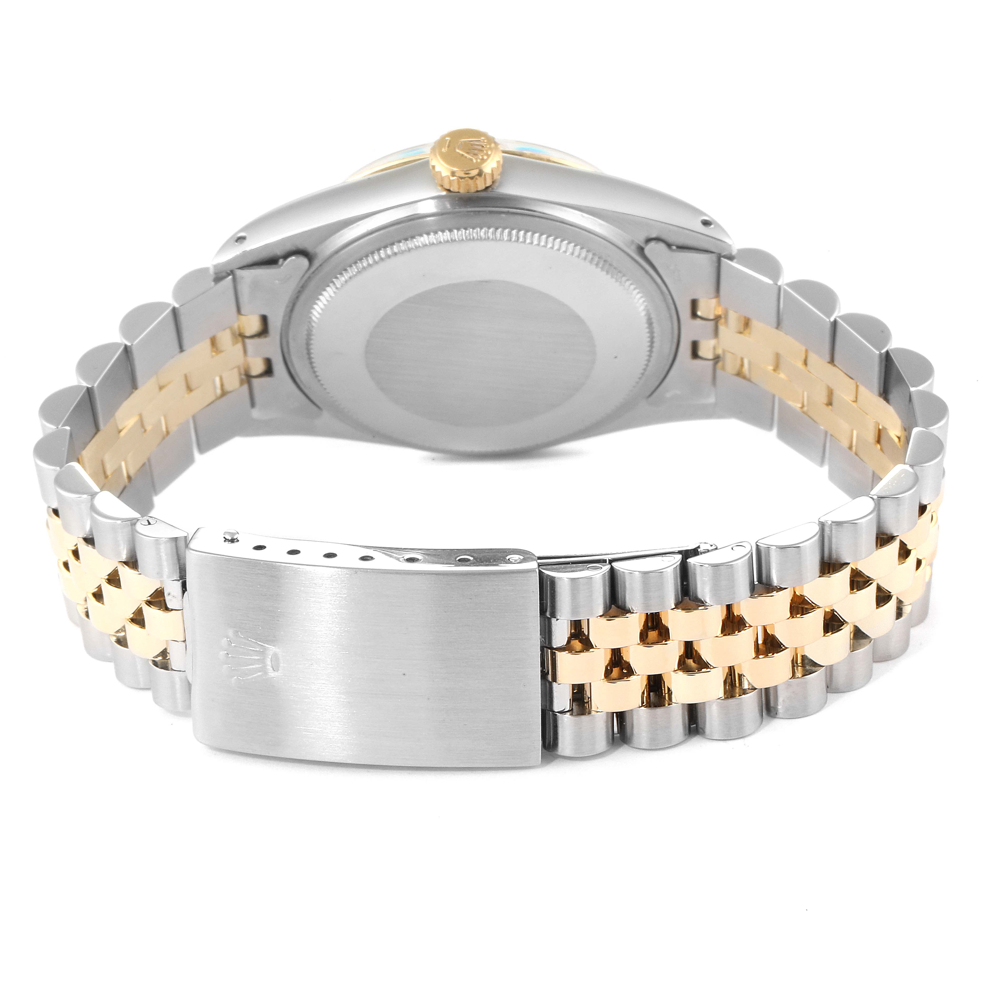 The image shows the back view of a Rolex Datejust 16013 Men's Steel and Gold (two tone) Champagne Dial 16013 Men's Steel and Gold (two tone) Champagne Dial watch, highlighting the bracelet and clasp.