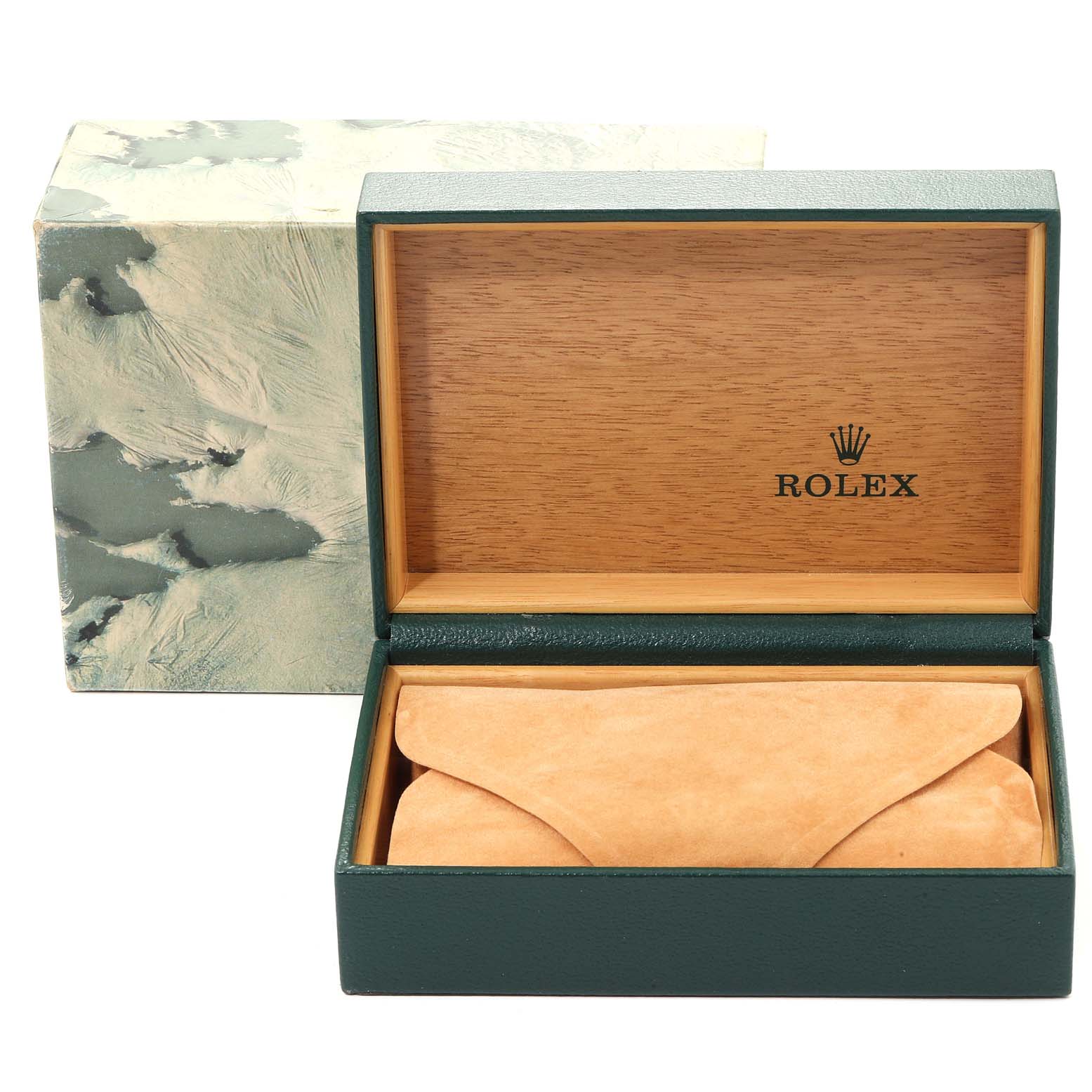 The image shows the box and pouch for a Rolex Datejust 16013 Men's Steel and Gold (two tone) Champagne Dial 16013 Men's Steel and Gold (two tone) Champagne Dial watch from a front angle.