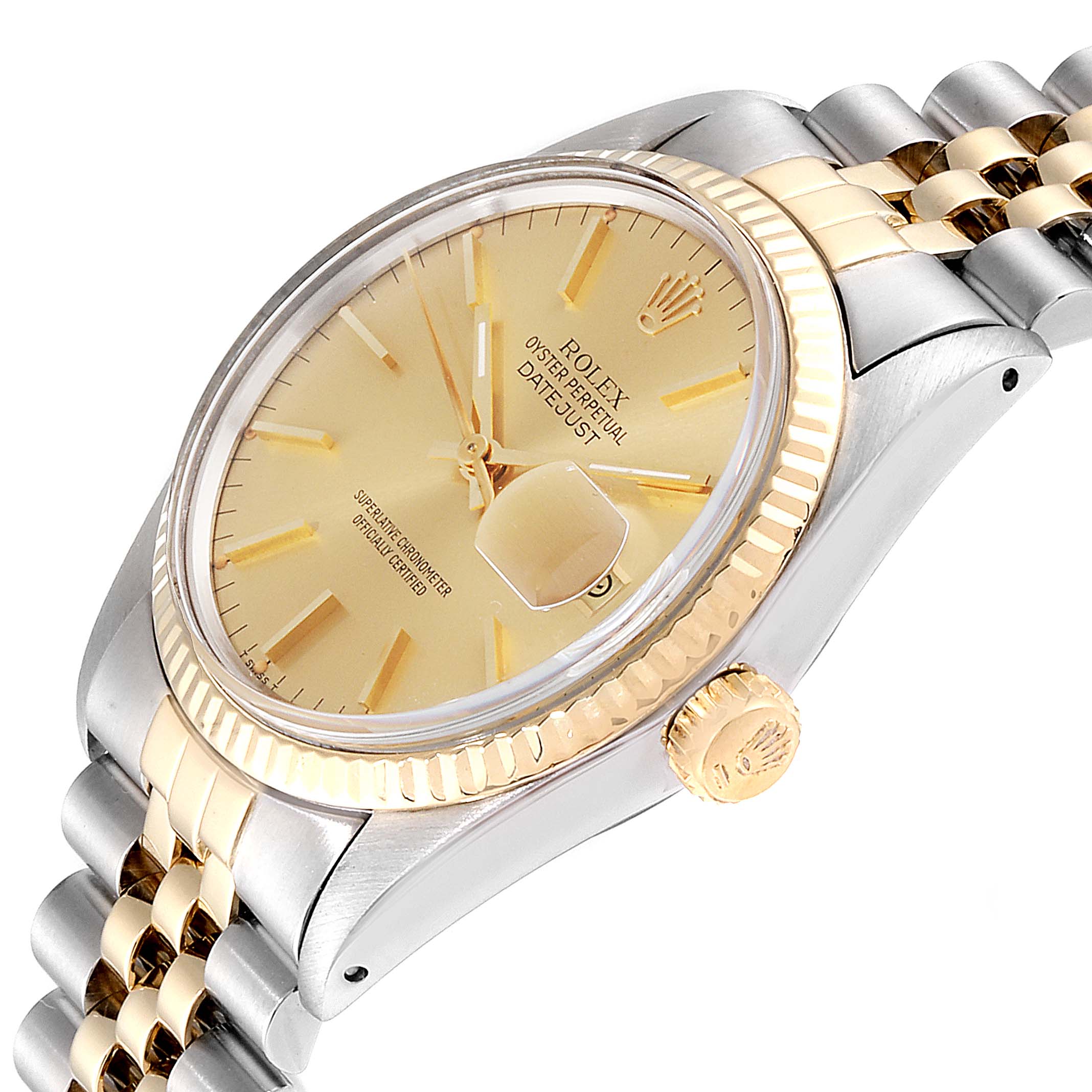 The image shows a gold and silver Rolex Datejust 16013 Men's Steel and Gold (two tone) Champagne Dial 16013 Men's Steel and Gold (two tone) Champagne Dial watch at a slight angle, highlighting the dial, crown, and bracelet.
