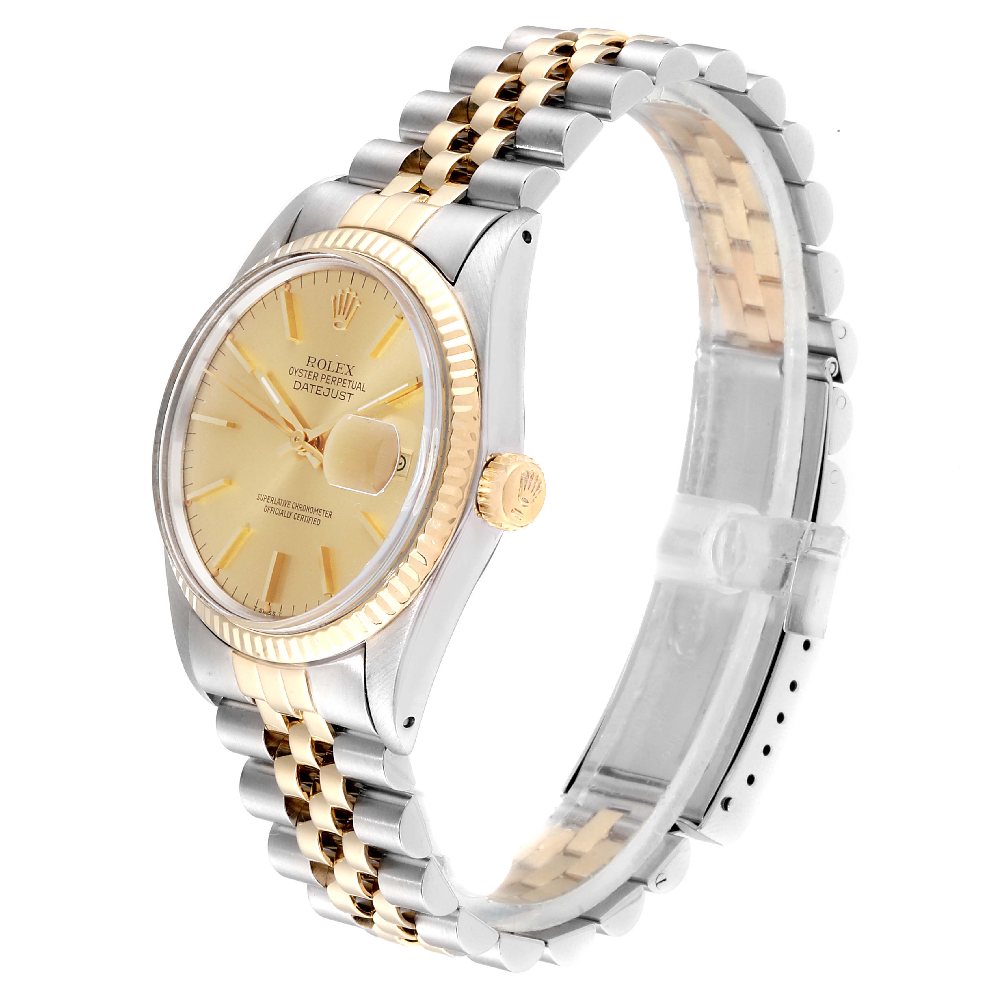 This image shows a side angle view of a Rolex Datejust 16013 Men's Steel and Gold (two tone) Champagne Dial 16013 Men's Steel and Gold (two tone) Champagne Dial model, highlighting the dial, bezel, and two-tone bracelet.