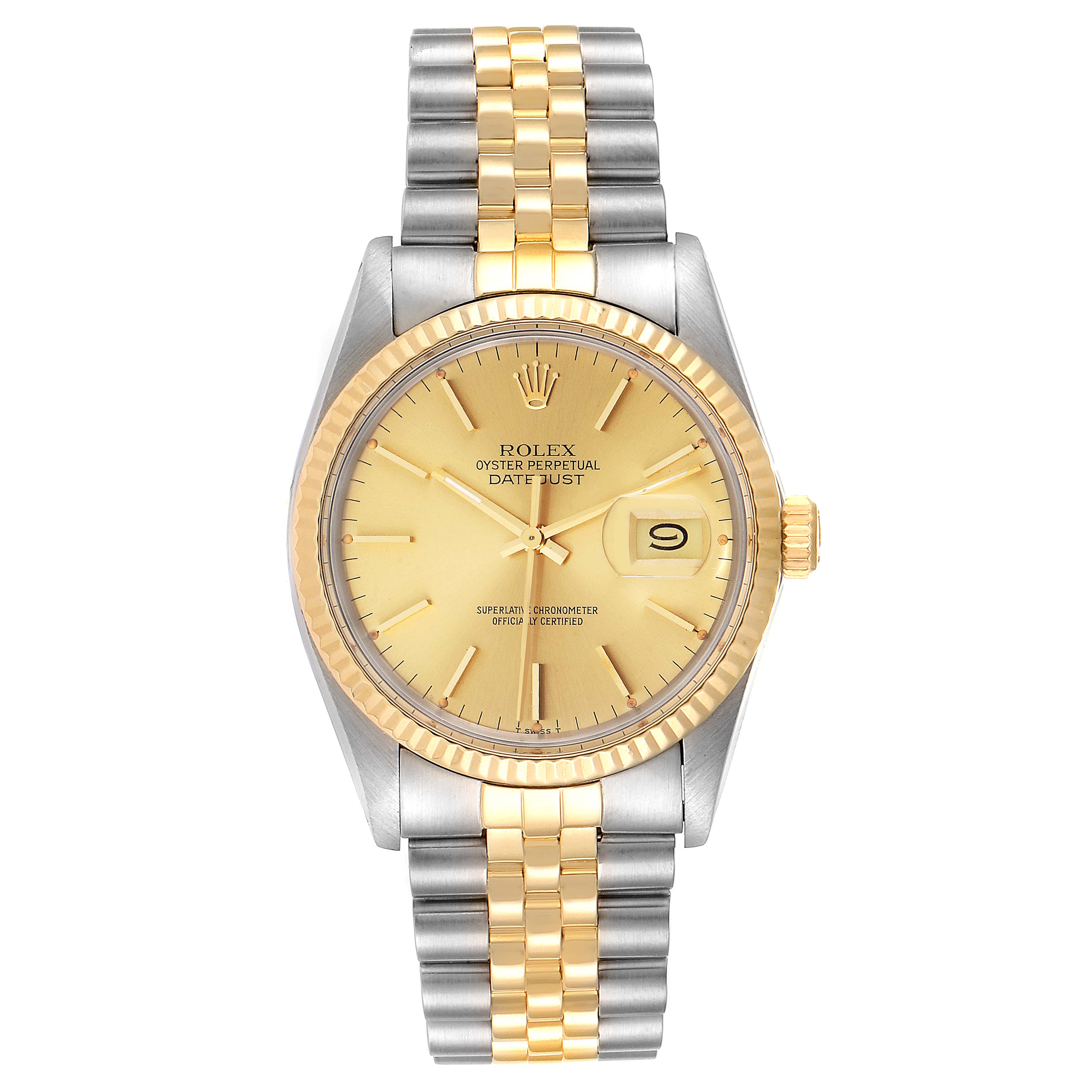 The image shows a Rolex Datejust 16013 Men's Steel and Gold (two tone) Champagne Dial 16013 Men's Steel and Gold (two tone) Champagne Dial watch from a frontal angle, highlighting the dial, bezel, case, and bracelet.