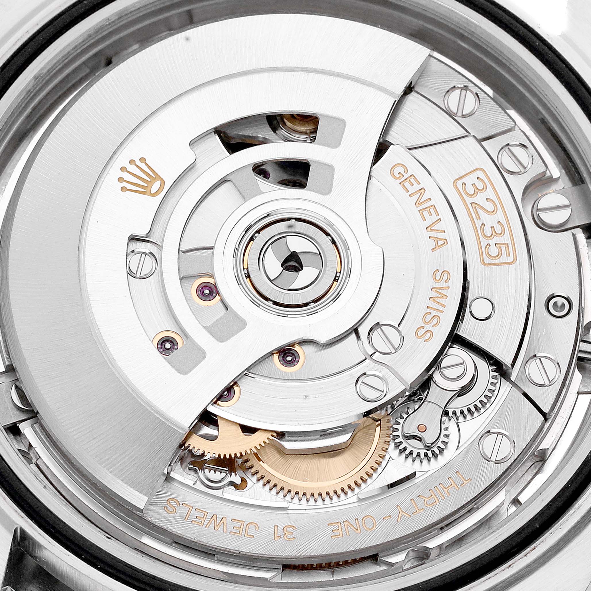This image shows a close-up of the movement mechanism of the Rolex Datejust 41 126300 Men's Stainless Steel Silver Dial 126300 Men's Stainless Steel Silver Dial, specifically the caliber 3235.