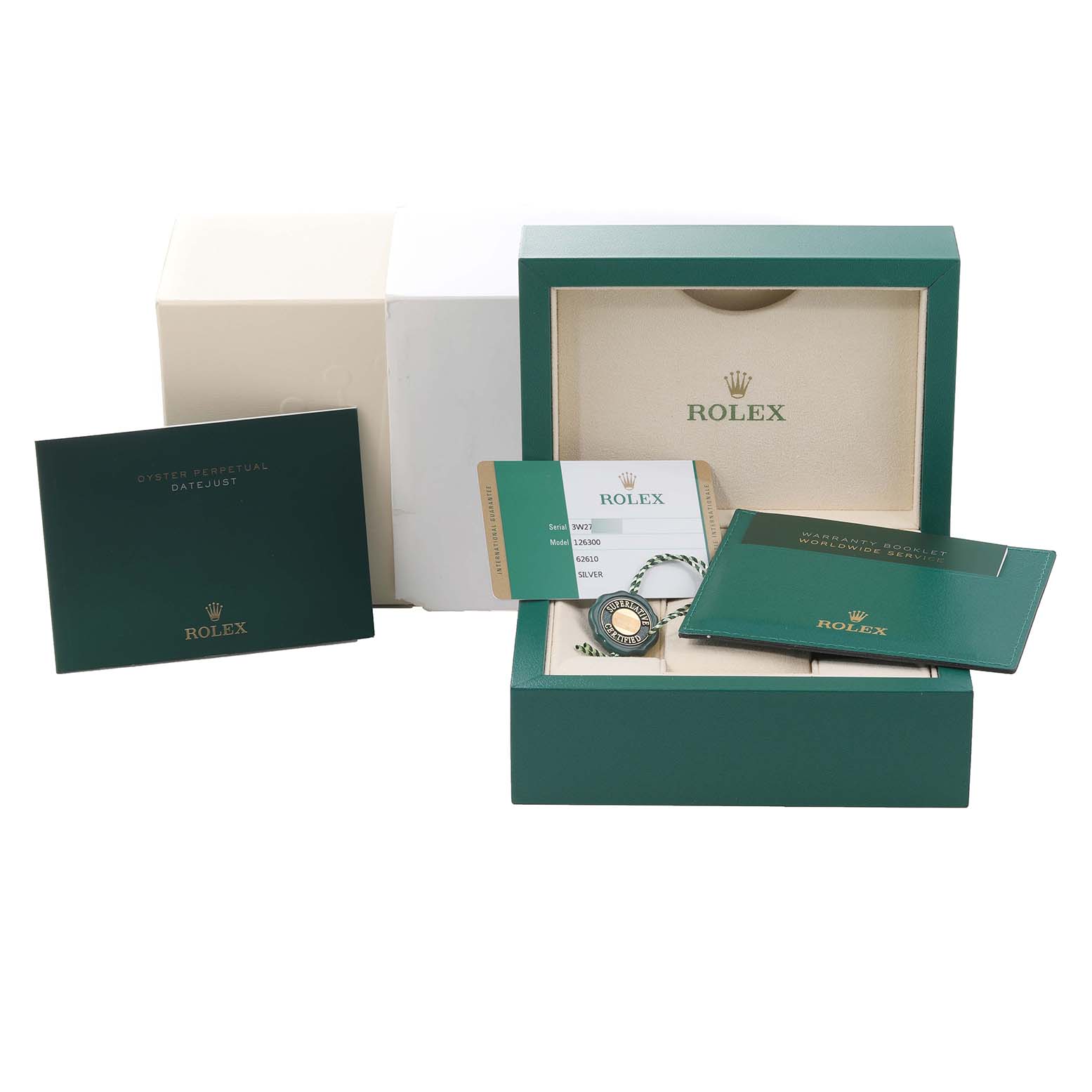 Shown is the packaging, paperwork, and accessories for a Rolex Datejust 41 126300 Men's Stainless Steel Silver Dial 126300 Men's Stainless Steel Silver Dial model.