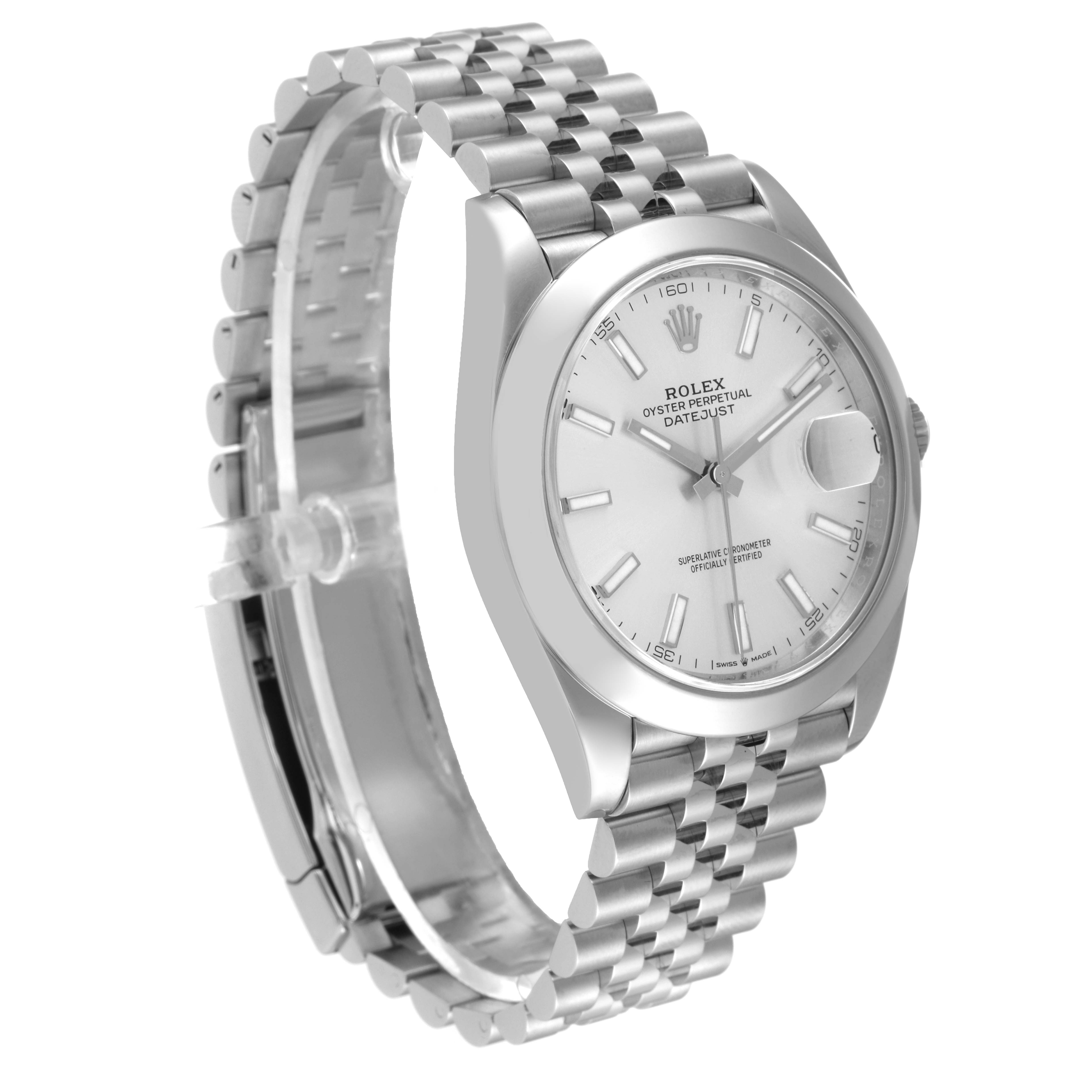 The image shows a Rolex Datejust 41 126300 Men's Stainless Steel Silver Dial 126300 Men's Stainless Steel Silver Dial watch at a three-quarter angle, highlighting the dial, case, and bracelet.