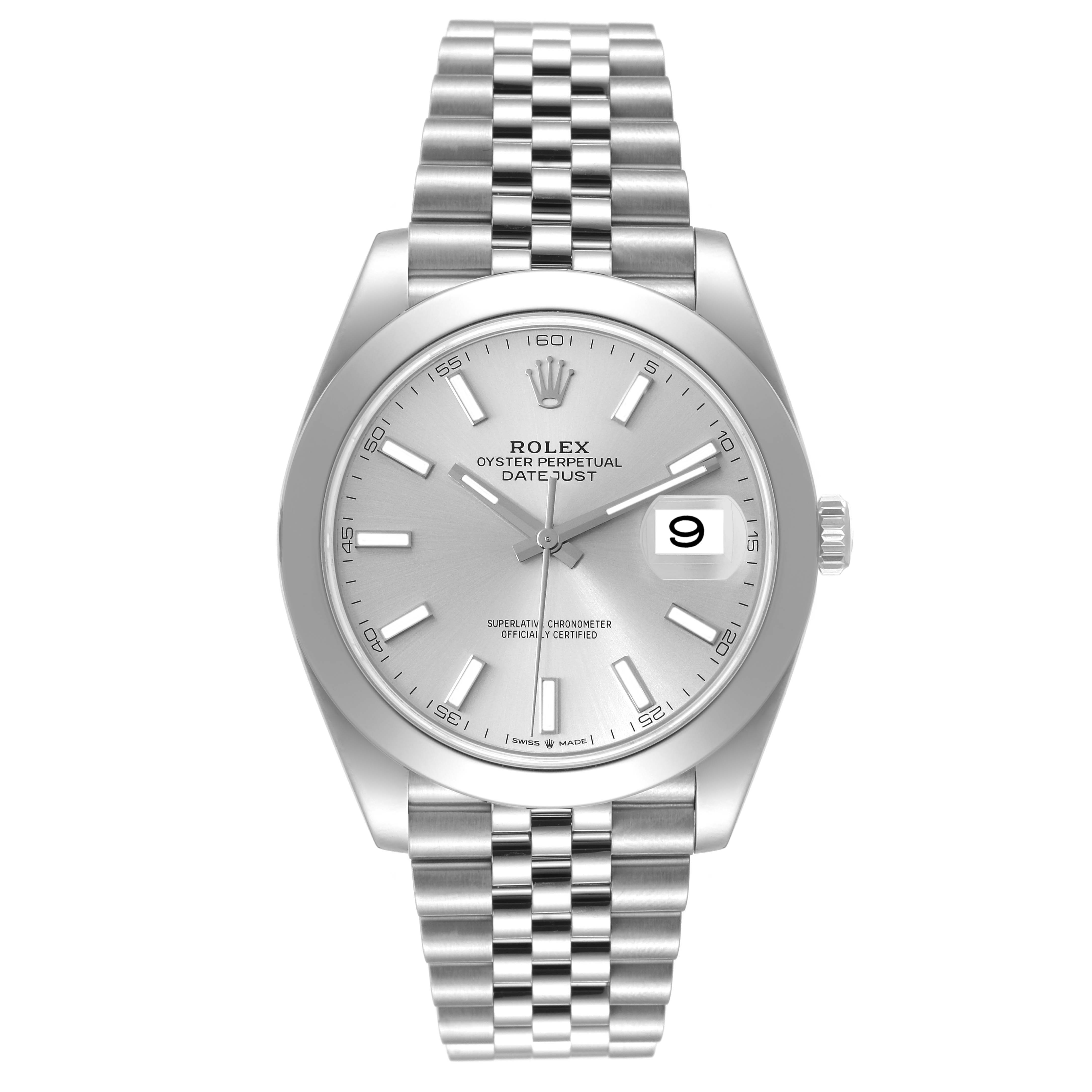 The image shows a Rolex Datejust 41 126300 Men's Stainless Steel Silver Dial 126300 Men's Stainless Steel Silver Dial watch from a front angle, displaying its face, dial, hands, and bracelet.