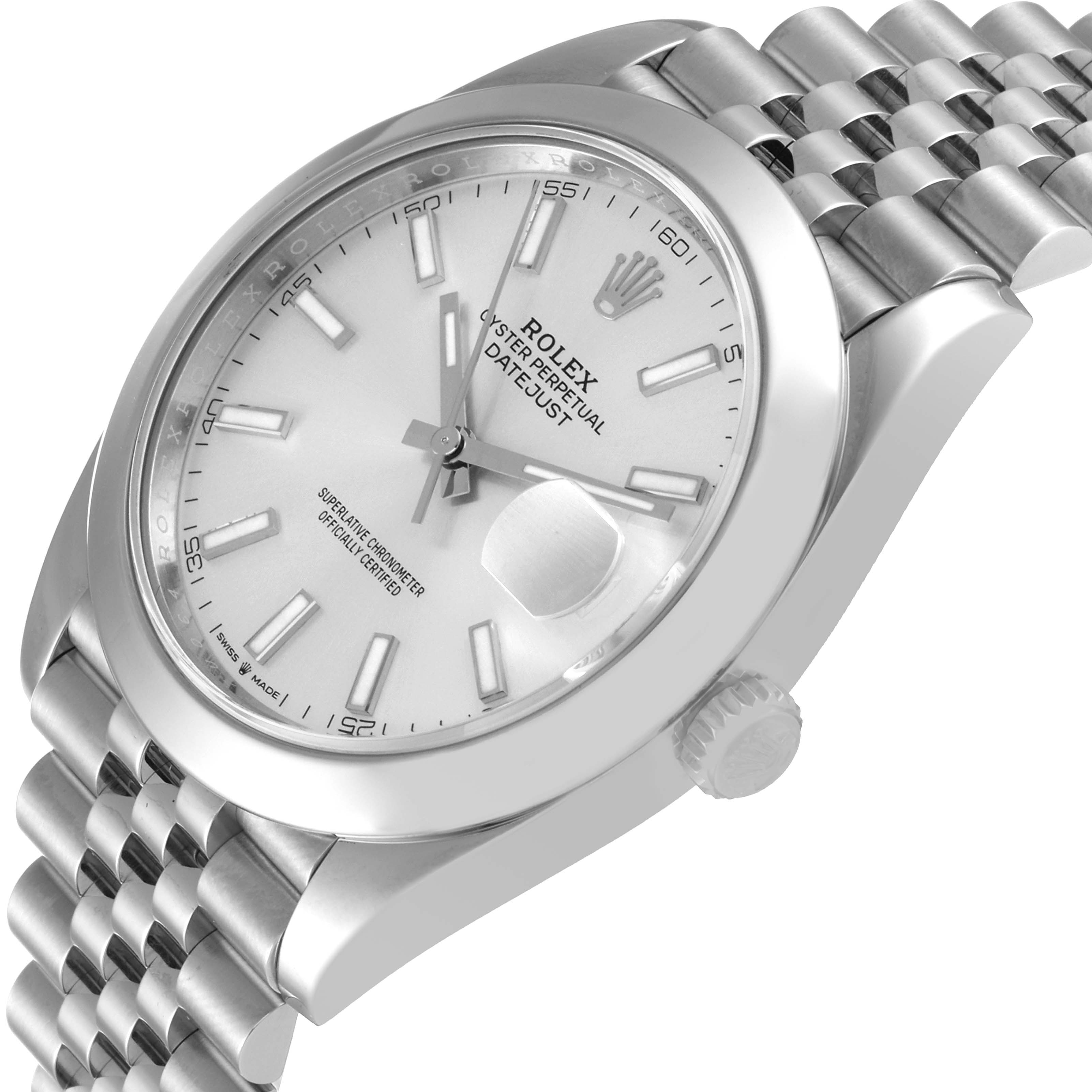 This image shows a Rolex Datejust 41 126300 Men's Stainless Steel Silver Dial 126300 Men's Stainless Steel Silver Dial watch from a front-side angle, highlighting the dial, crown, and part of the bracelet.